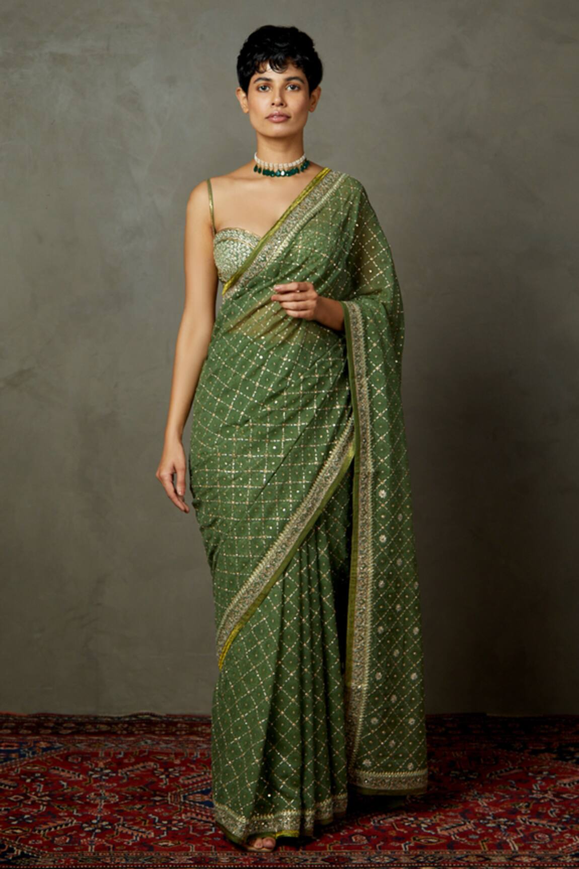 RI.Ritu Kumar Aari Embroidered Saree With Unstitched Blouse Piece