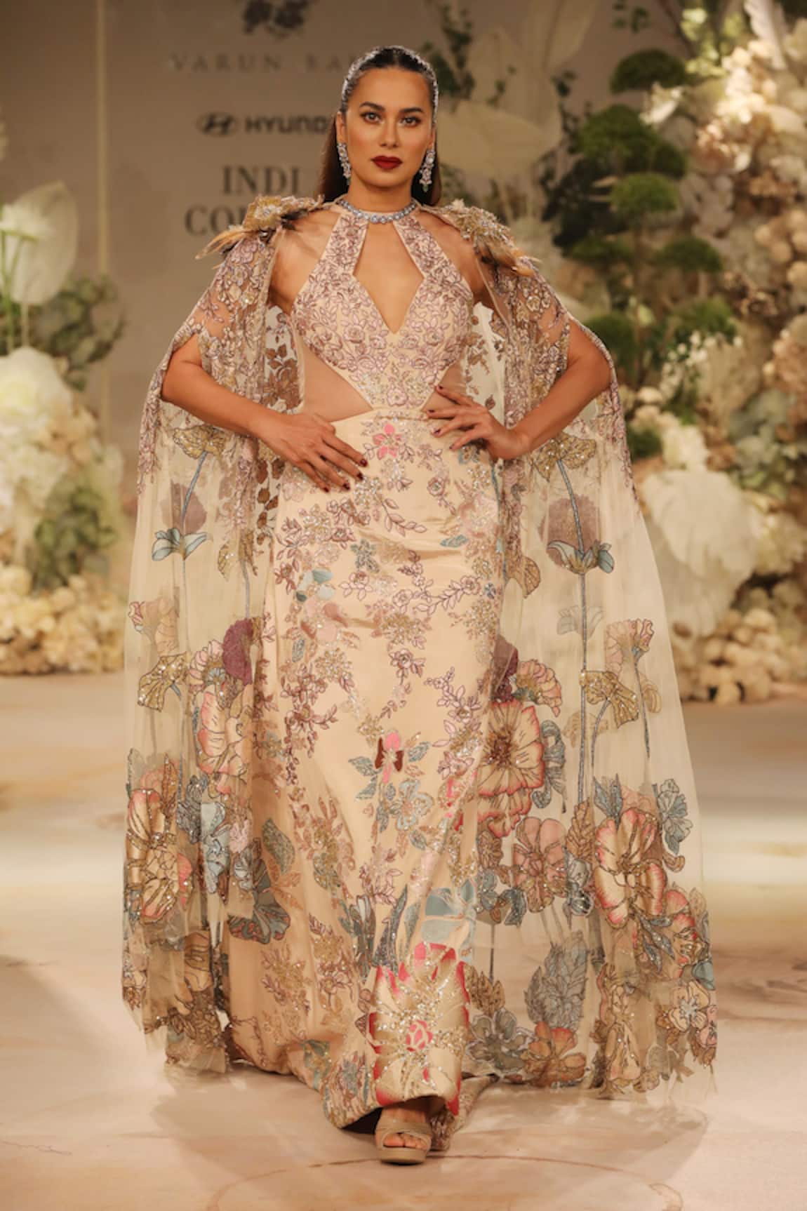 Varun Bahl Flower Vine Pattern Gown With Embroidered Cape