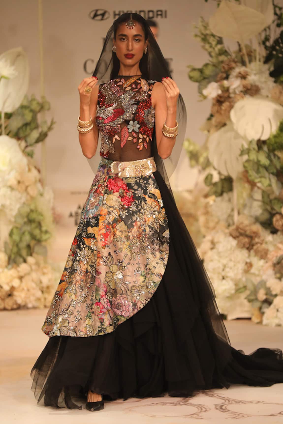 Varun Bahl Blossom Print Side Panel Skirt With Bodysuit