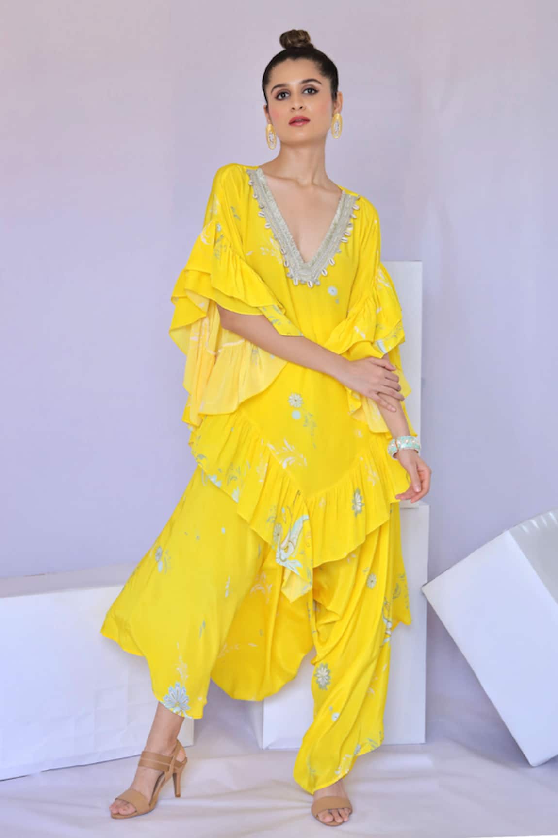 Foram Patel Blossom Print Ruffled Kurta Flared Pant Set 