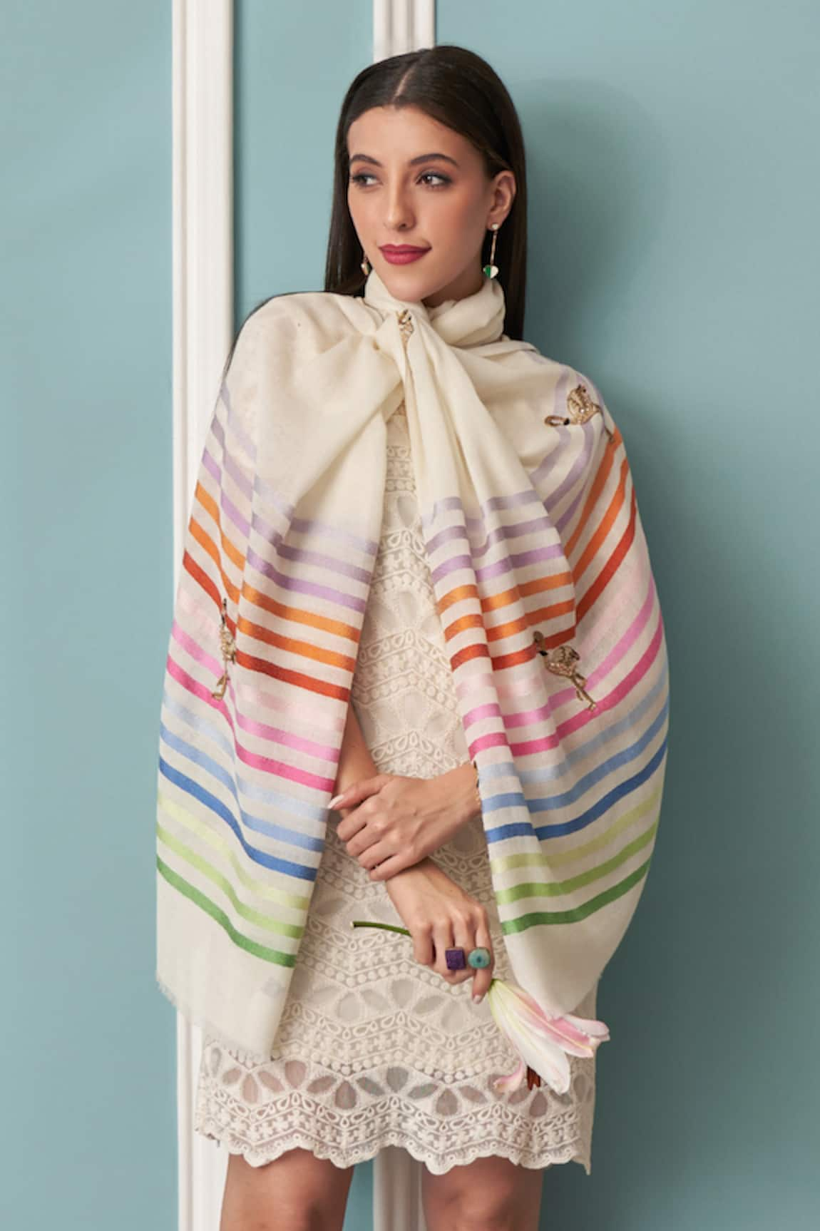 MAULI CASHMERE Flamingo Embroidered Stole