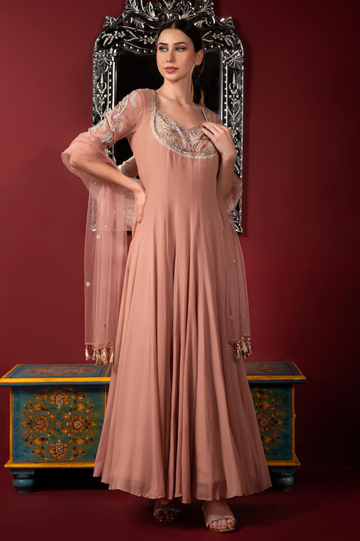 SONIA BADERIA Aari Embroidered Anarkali With Dupatta