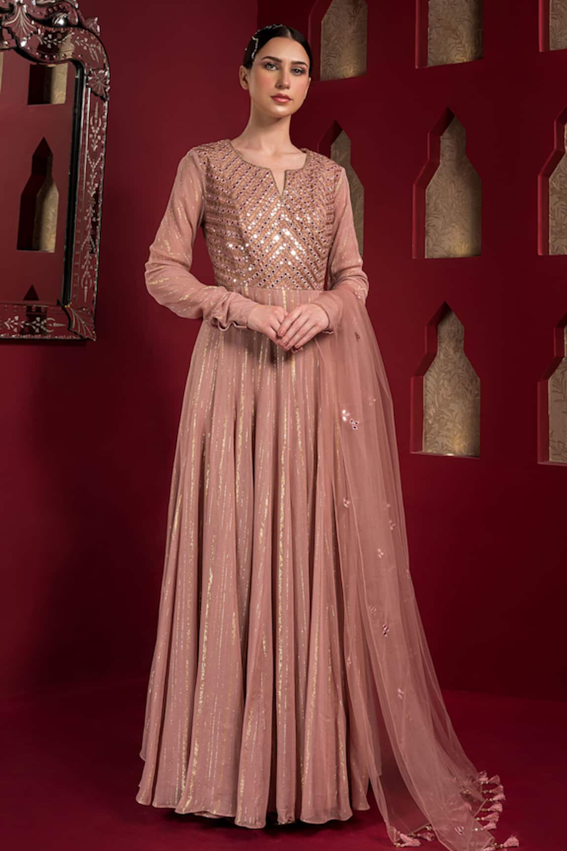 SONIA BADERIA Mirror Embroidered Shimmer Anarkali With Dupatta