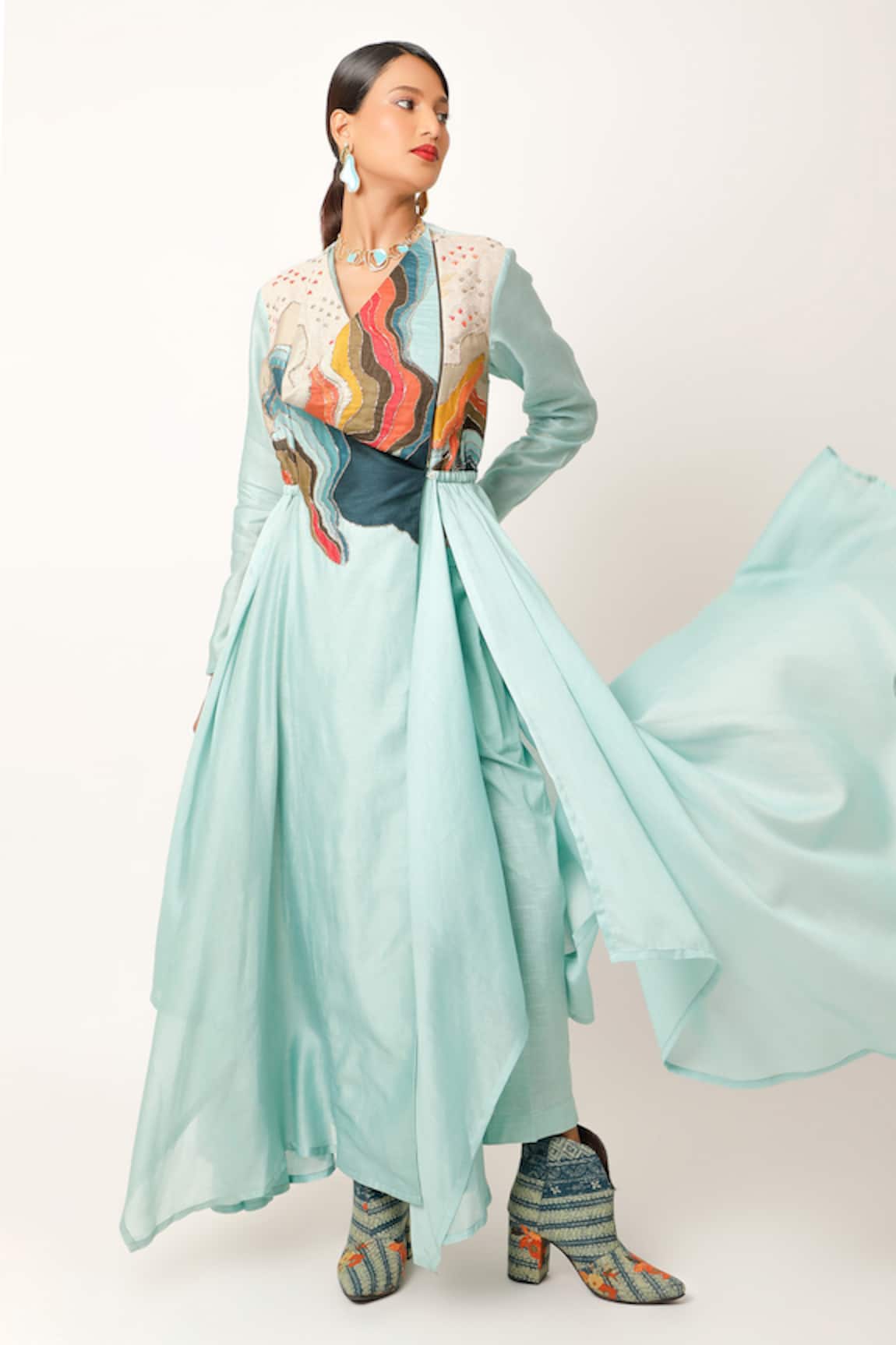 Jajaabor Landscape Embroidered Yoke Angarkha & Pant Set 