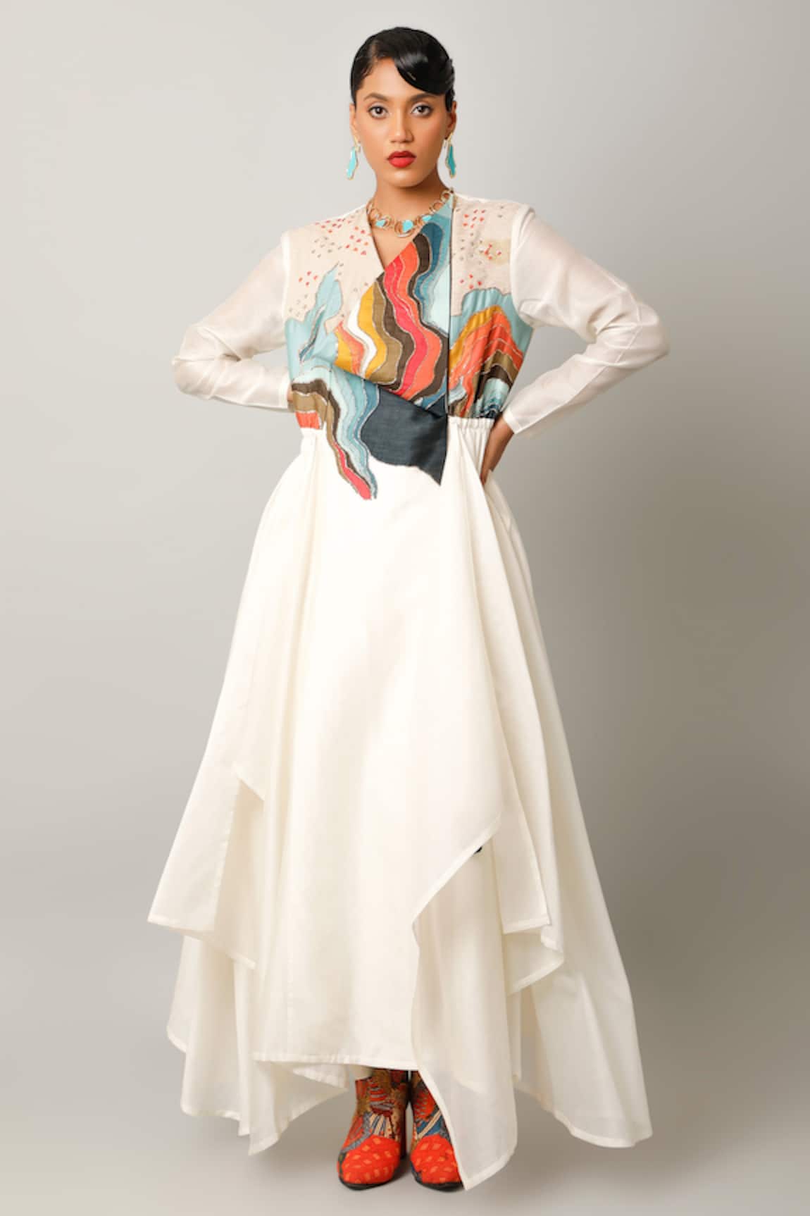 Jajaabor Applique Embroidered Yoke Angarkha & Pant Set 