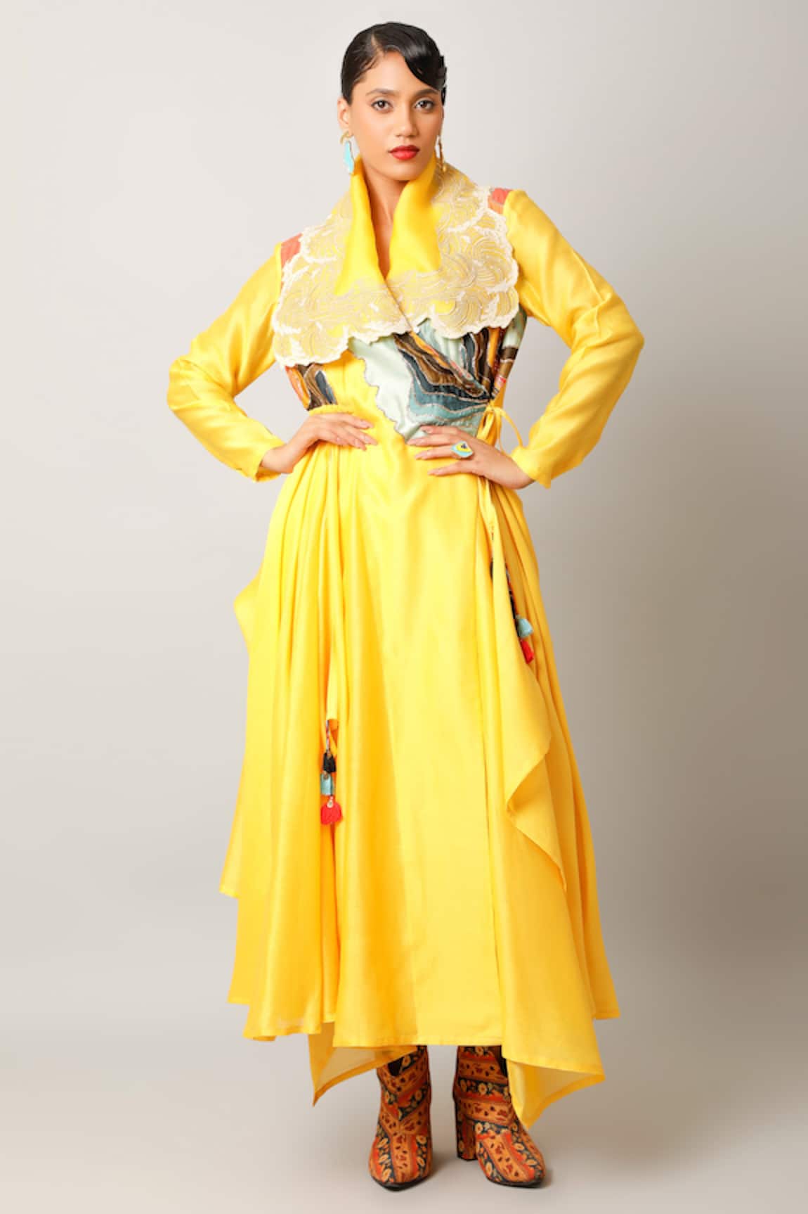 Jajaabor Waves Embroidered Collar Angarkha & Pant Set 