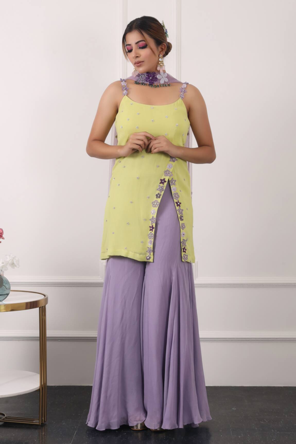 KIRAN KALSI Floral Embroidered Kurta Sharara Set