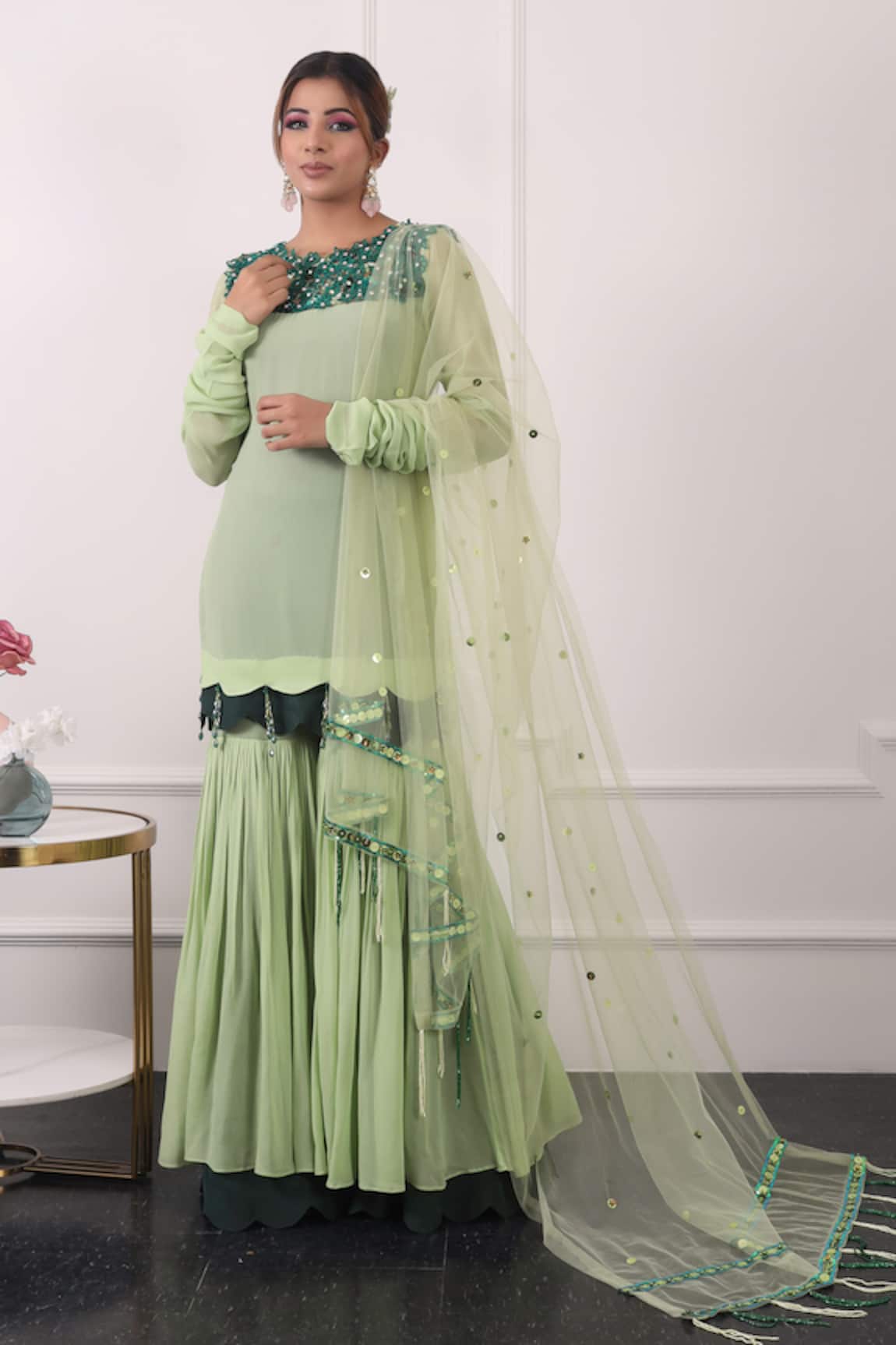KIRAN KALSI 3D Floral Embroidered Yoke Kurta Gharara Set