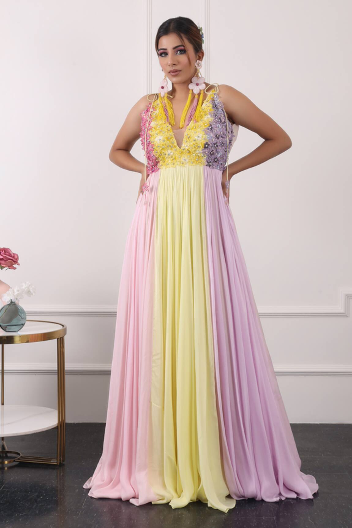 KIRAN KALSI Chiffon Floral Embroidered Bodice Gown