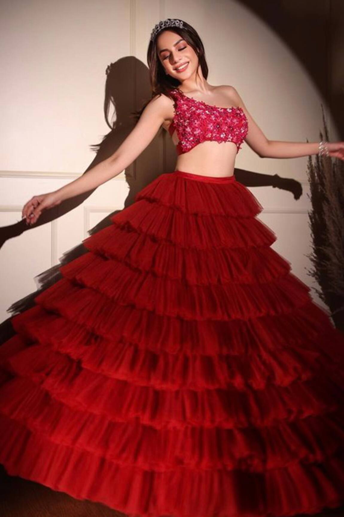 KIRAN KALSI Ruffle Layered Lehenga Embroidered Blouse Set