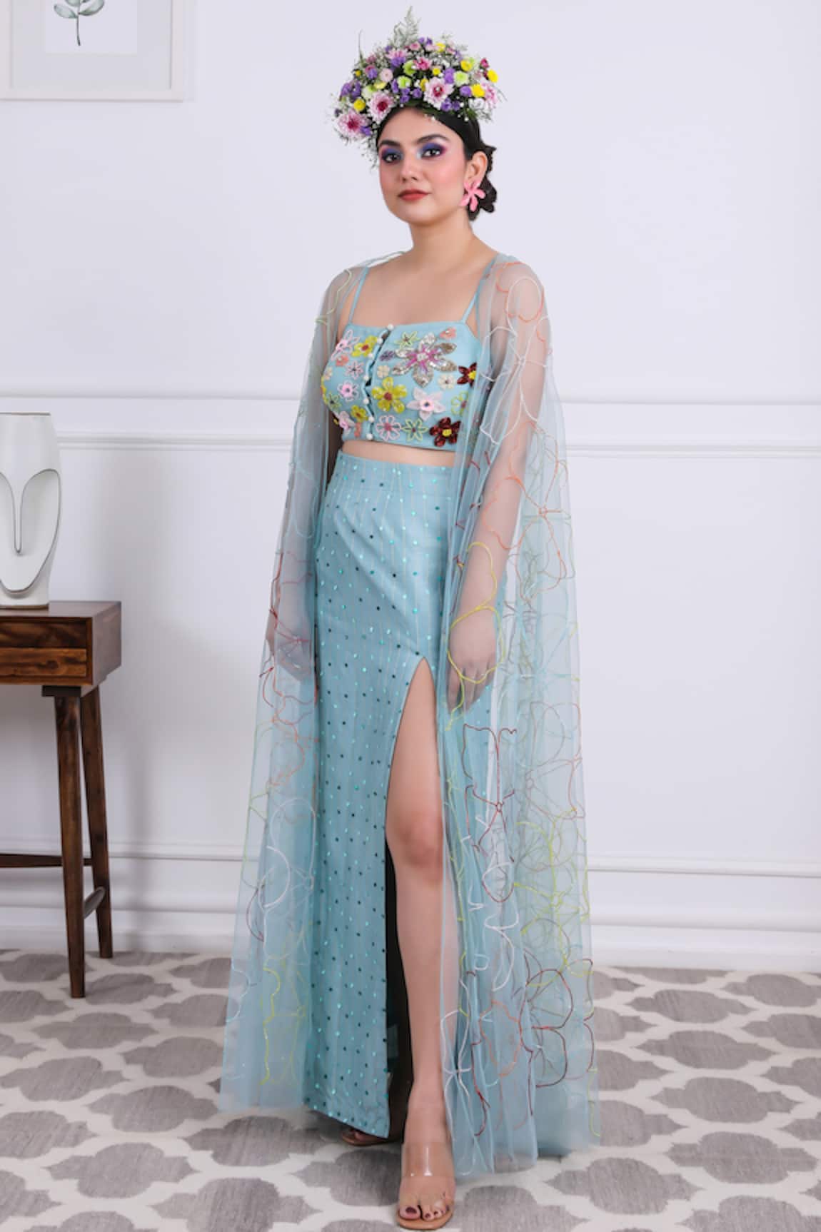 KIRAN KALSI Floral Embroidered Cape & Skirt Set
