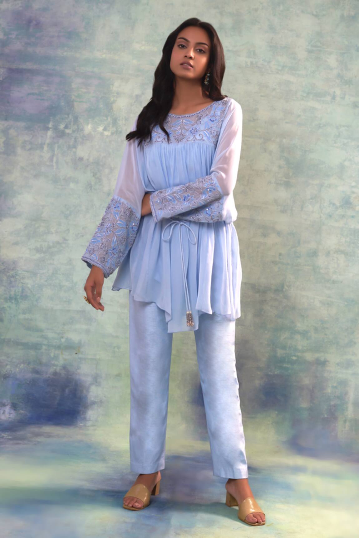 Sonia Khatri Pale Cornflower Embroidered Top & Pant Set