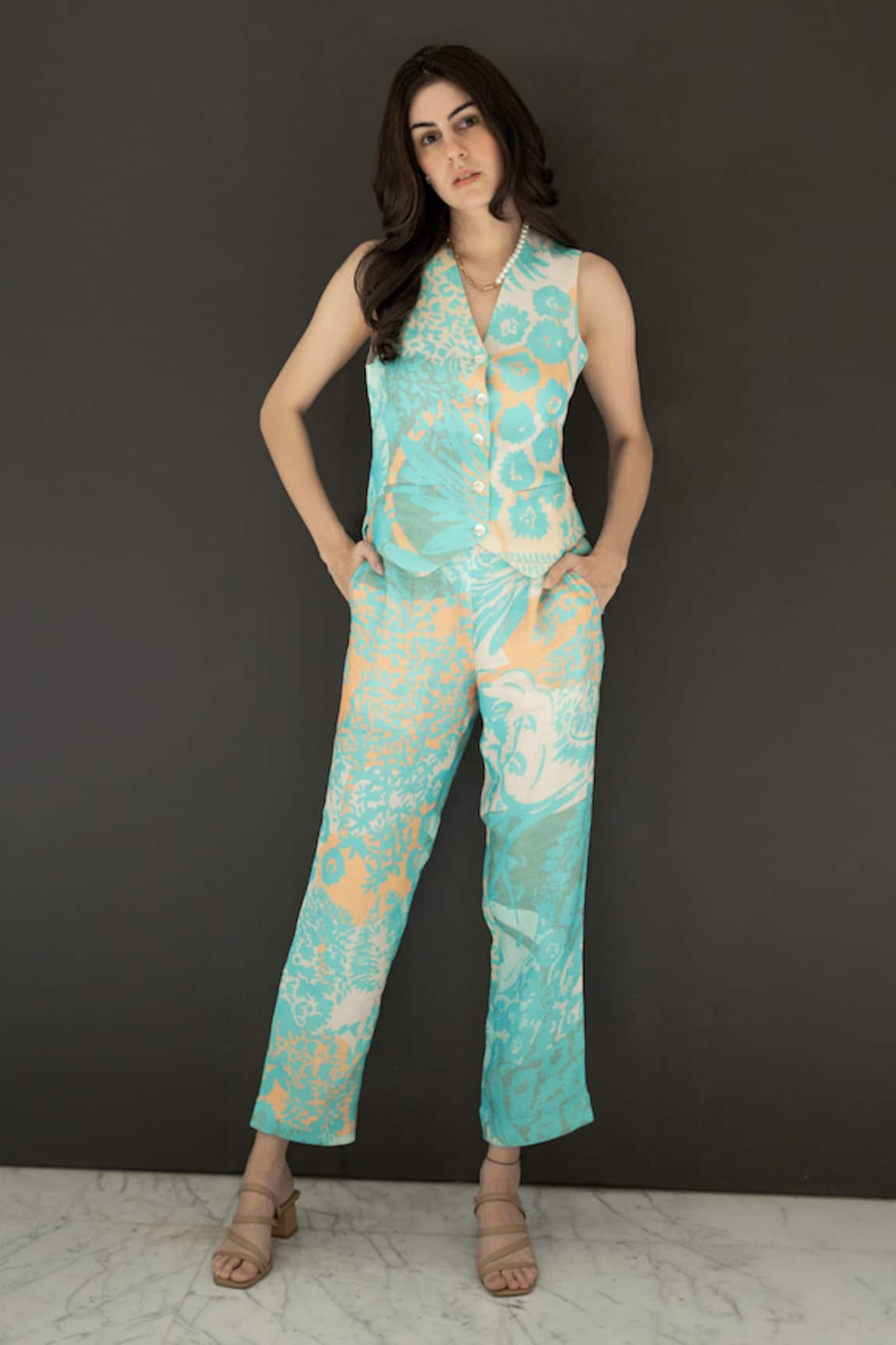 Nassh Linen Printed Waistcoat & Pant Set