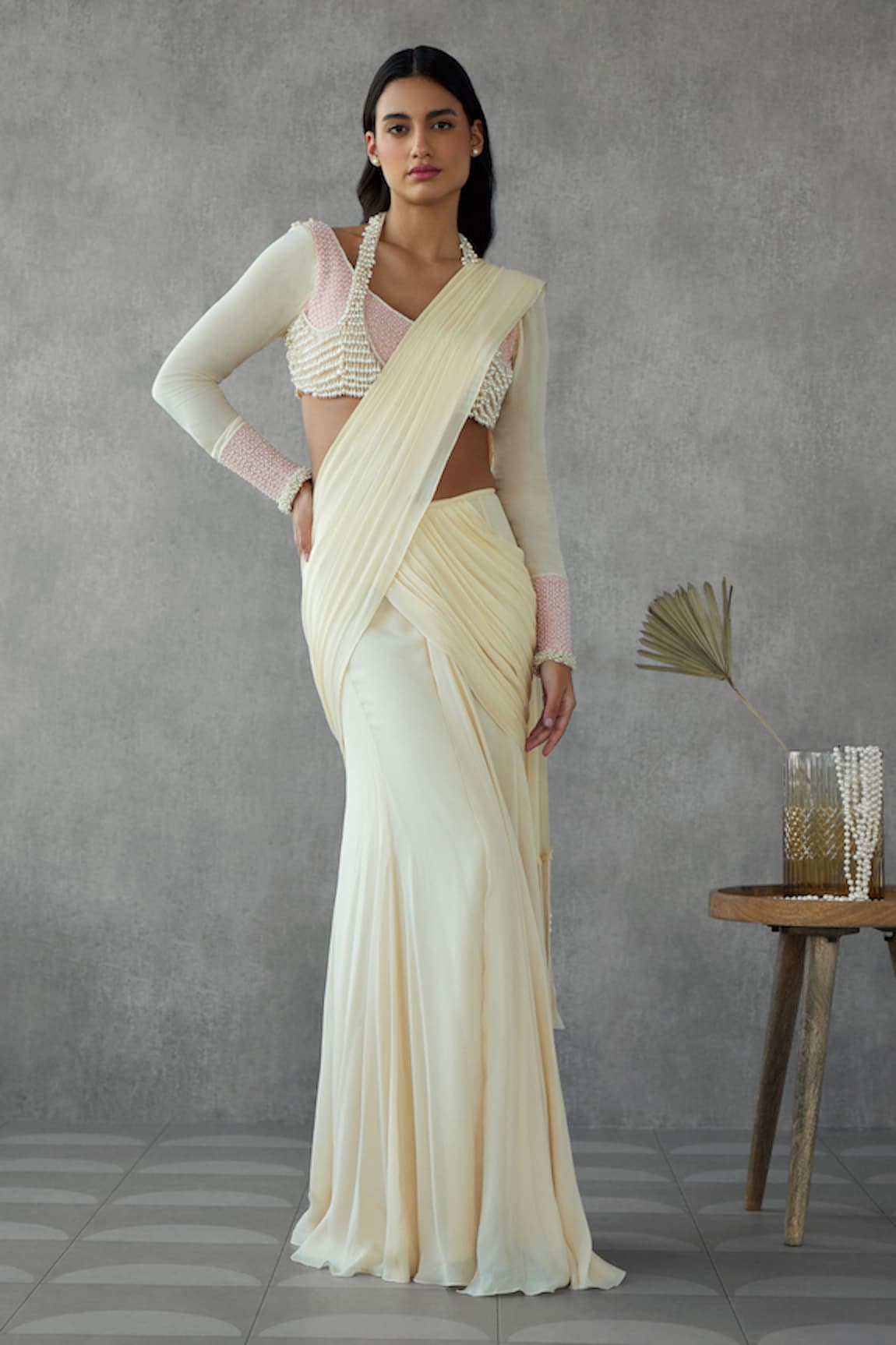 Zamoraa The Label Pre-Draped Saree With Pearl Tassel Blouse