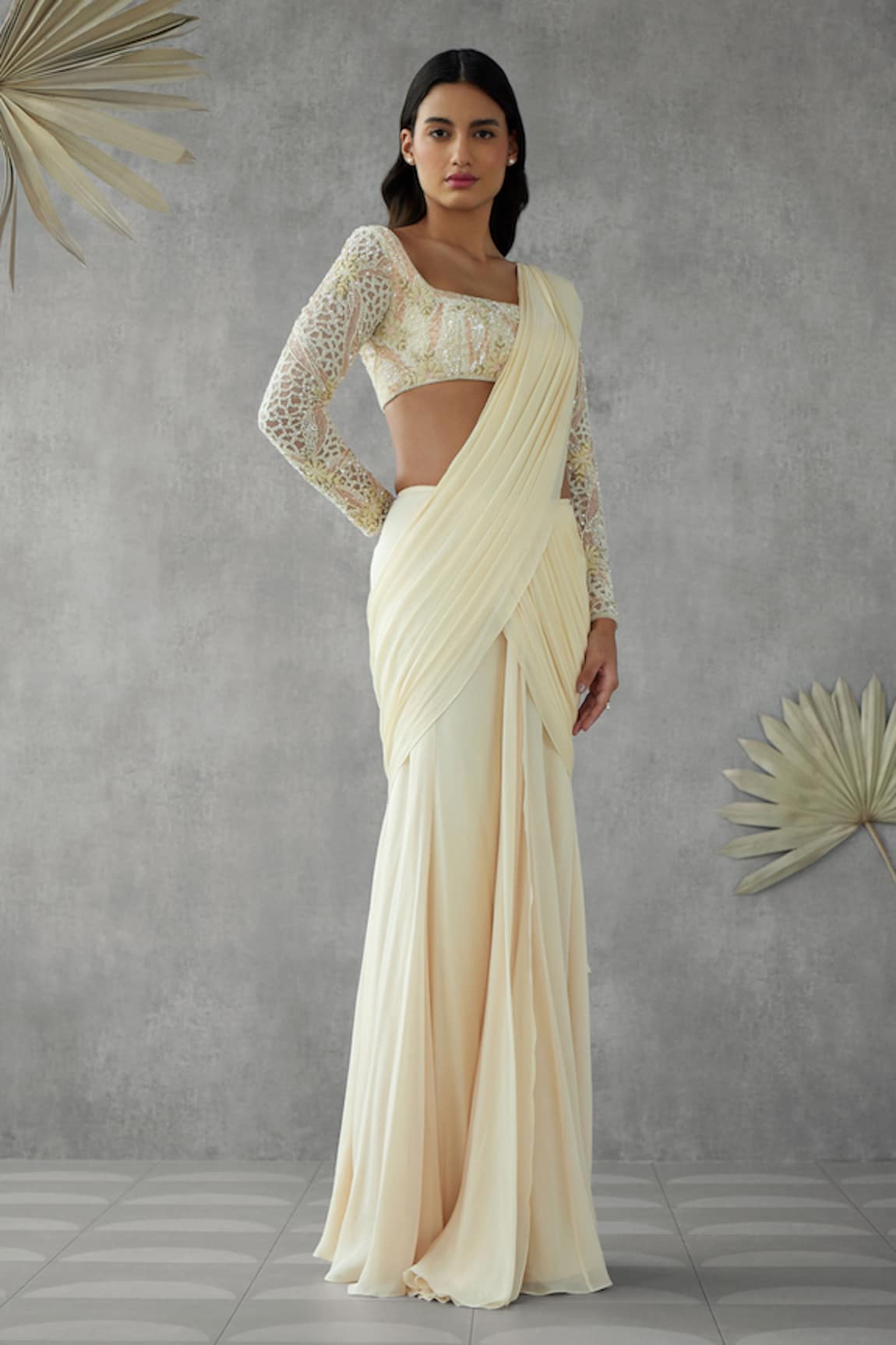 Zamoraa The Label Plain Pre-Draped Saree With Embroidered Blouse