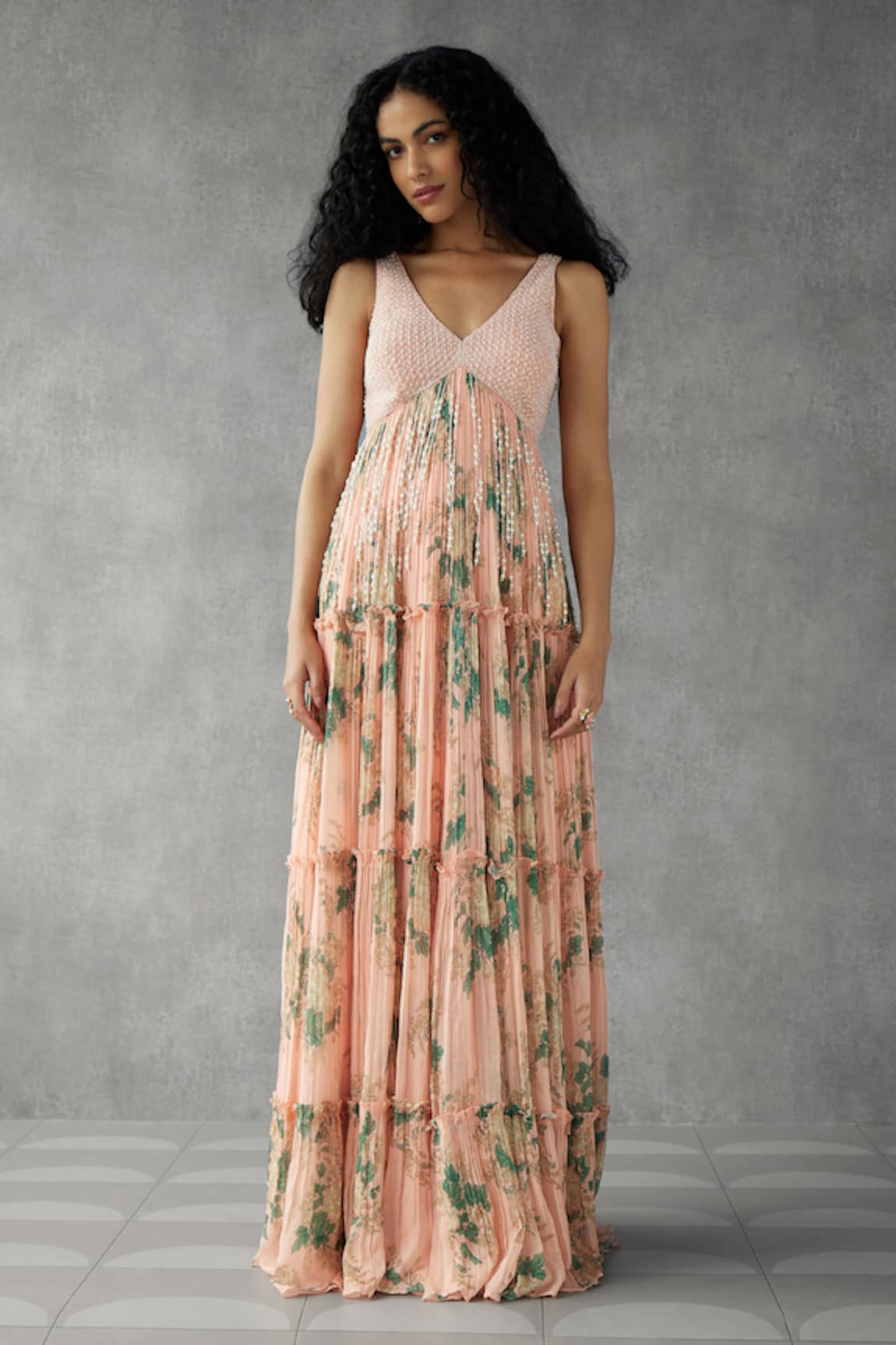 Zamoraa The Label Botanic Bloom Print Embellished Maxi Gown