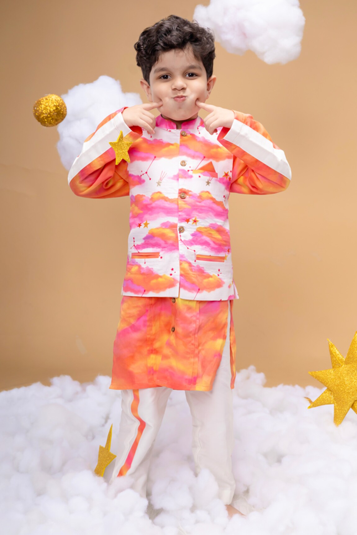 Little Shiro You Are My Sunshine Sunset Sky Print Bundi Kurta Set