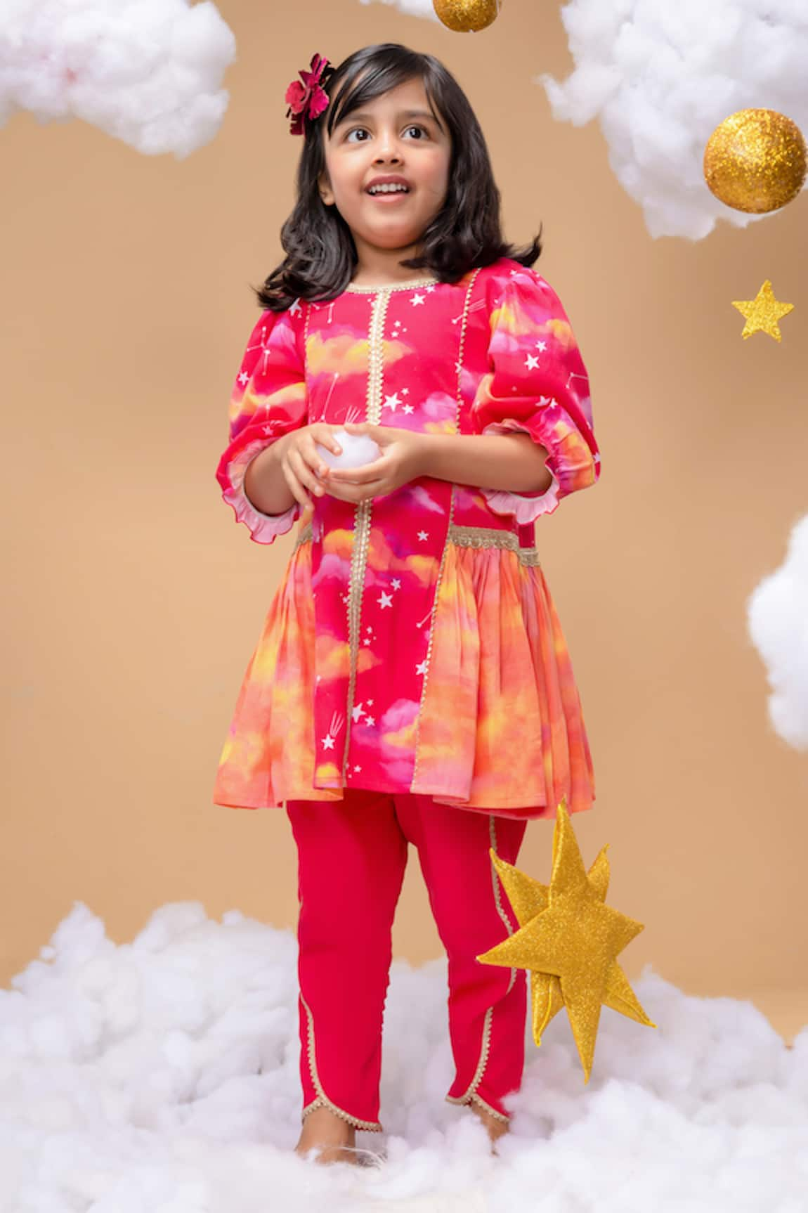 Little Shiro Dawn Is Invincible Clouds Stars Print Kurta With Dhoti Pant