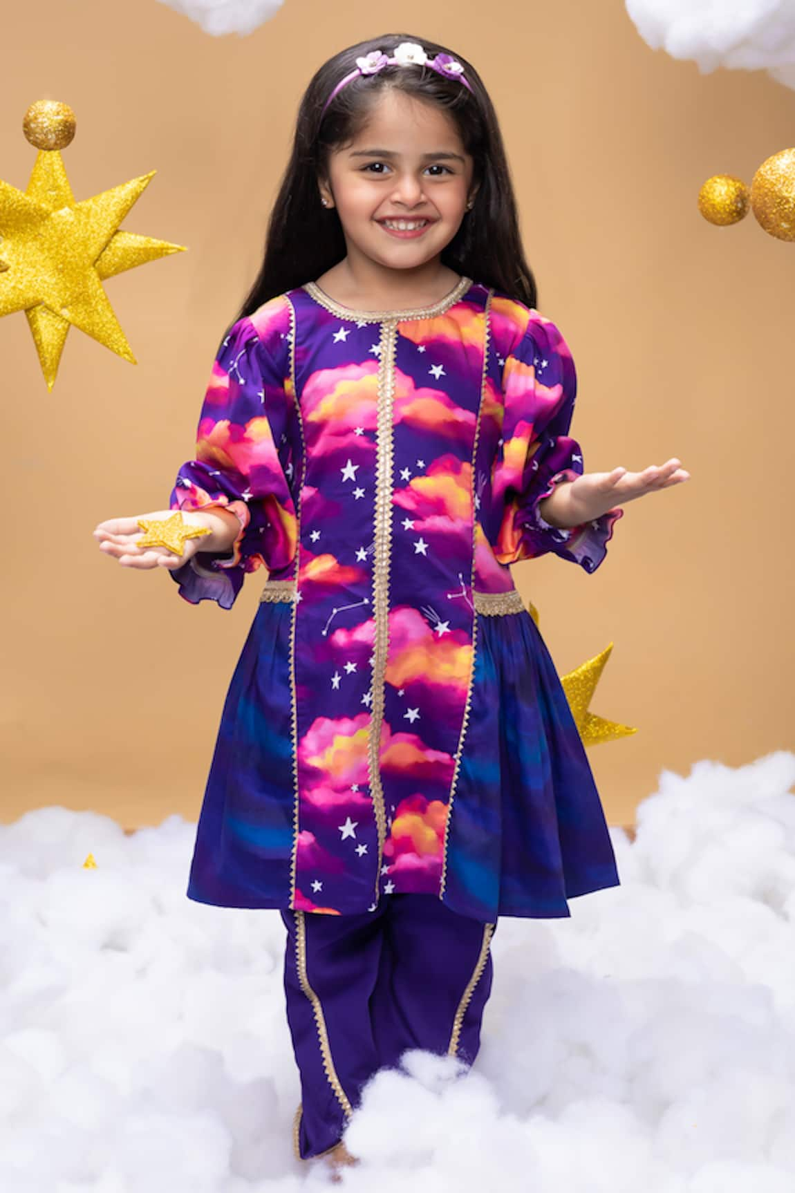 Little Shiro Secrets Of Dusk Cloudy Stars Print Kurta With Dhoti Pant