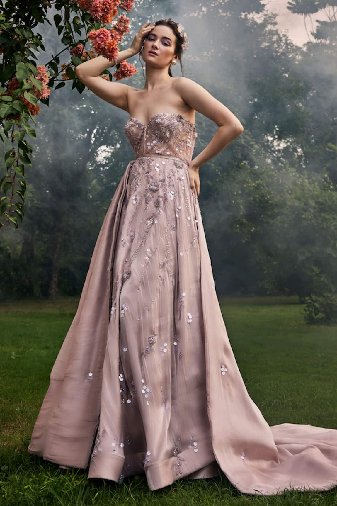 BAYA Sequin & Crystal Embellished Gown With Belt