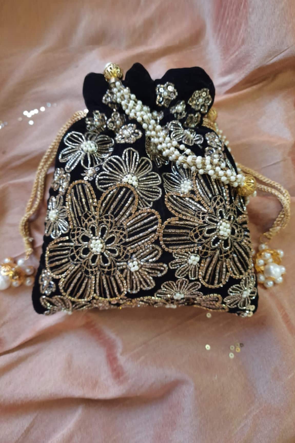 FEZA BAGS Regal Velveteen Floral Embroidered Potli