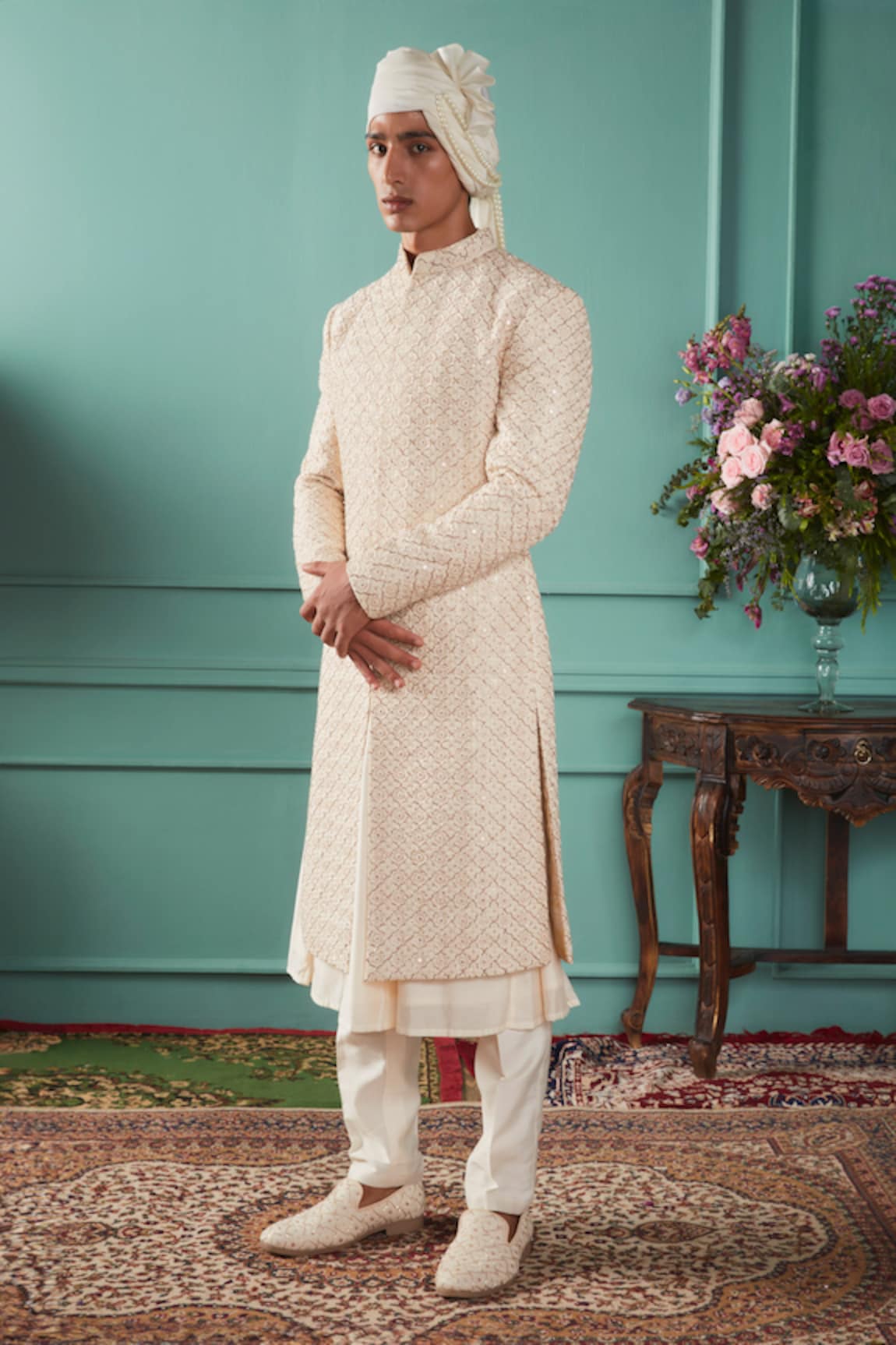 Jigar & Nikita Pearl Embroidered Lucknowi Sherwani Set