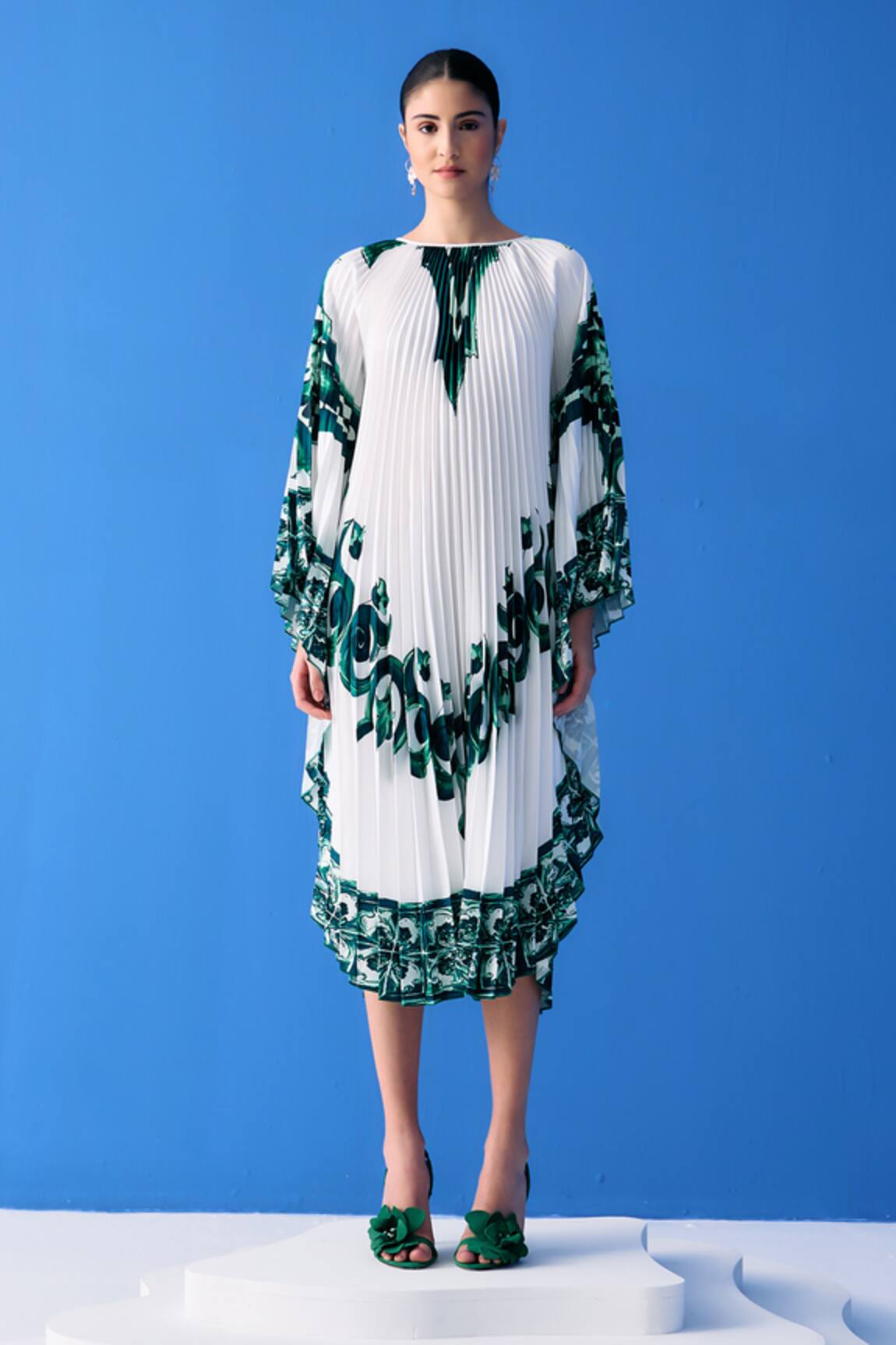 Pleats By Aruni Tropical Print Cape Dress