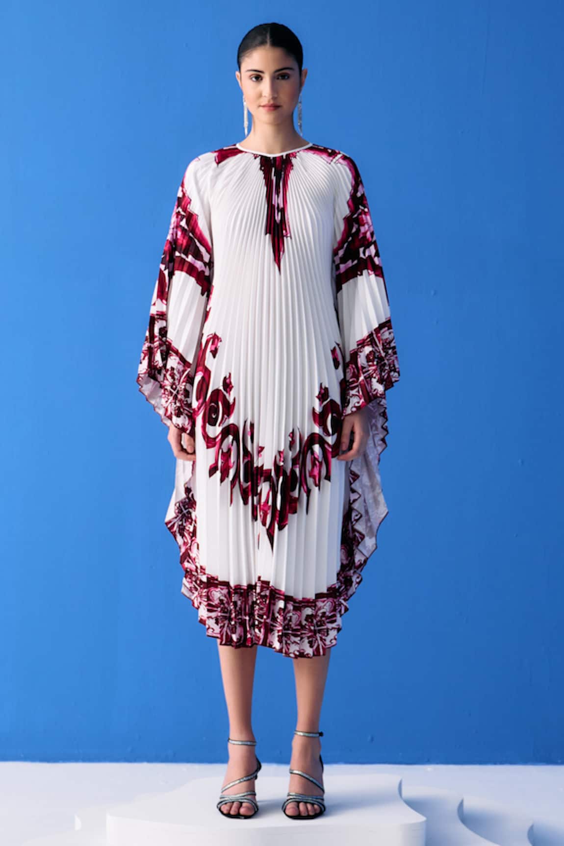 Pleats By Aruni Tropical Print Pleated Cape Dress