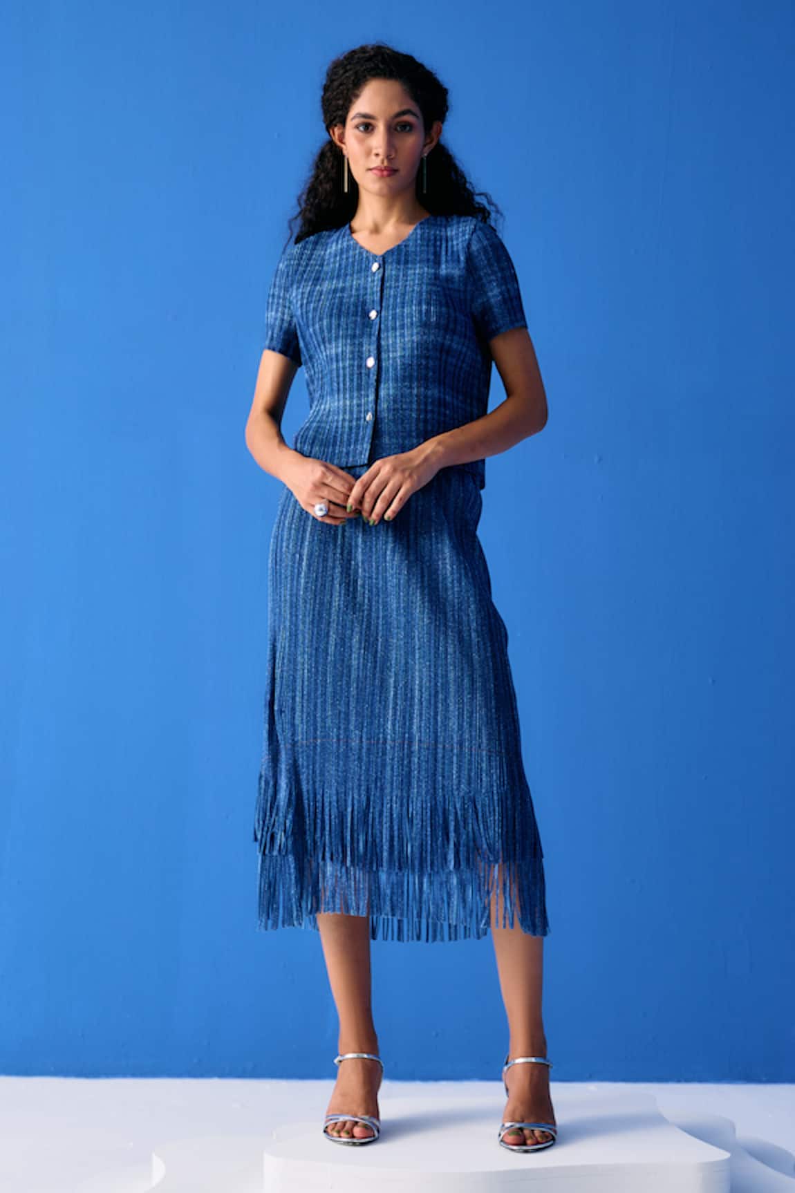 Pleats By Aruni Pleated Top With Fringe Skirt
