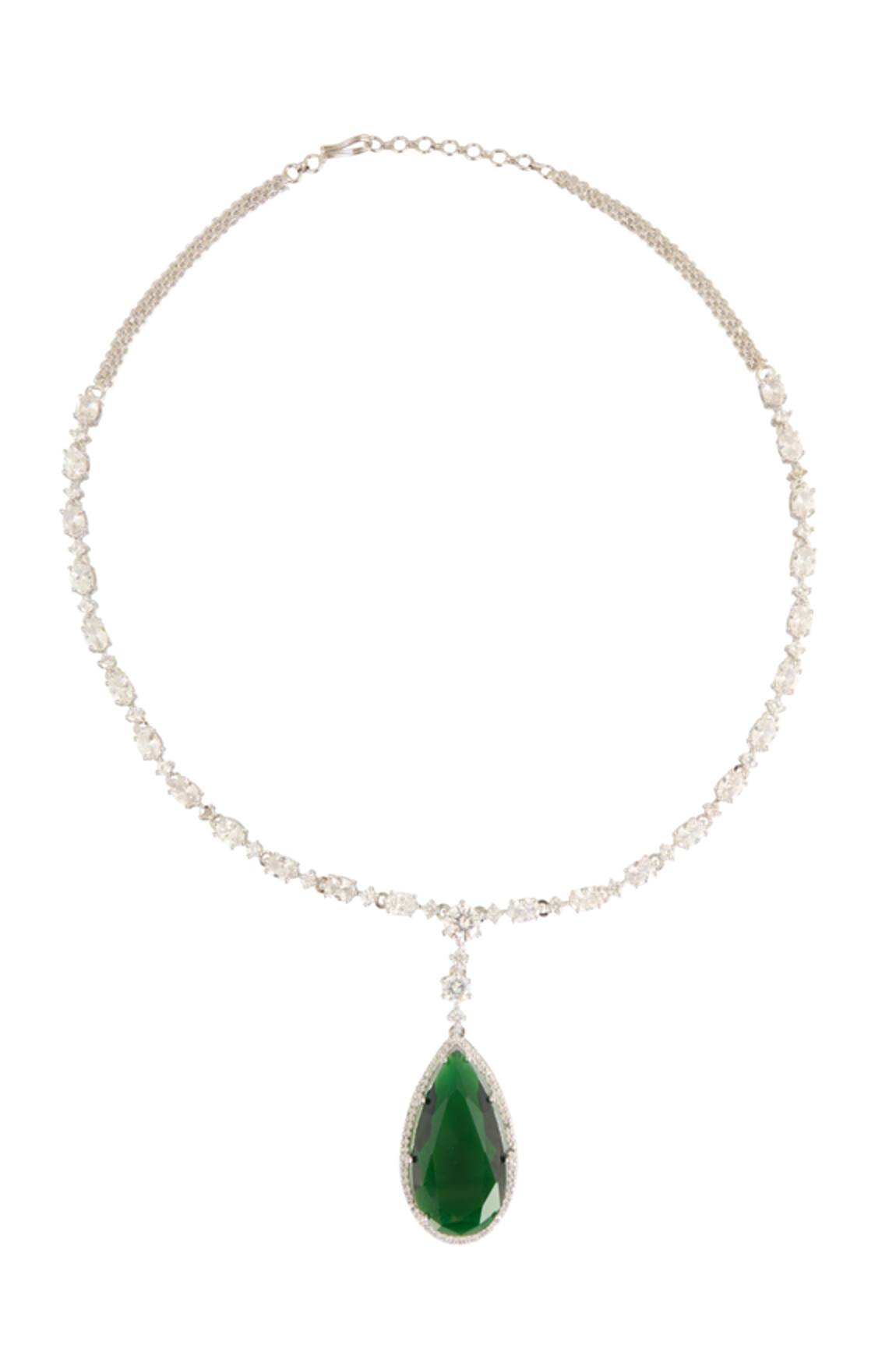 Buy Silver Plated Crystals, Stones Emerald Pendant Drop Necklace