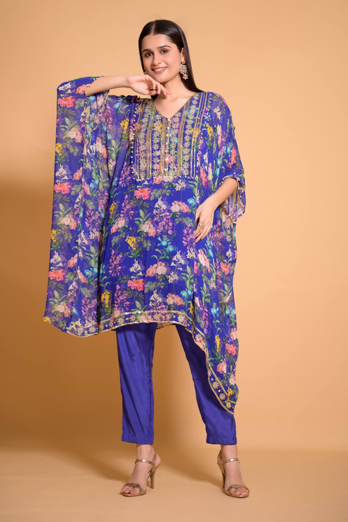 Seams Pret And Couture Azure Floral Print Kaftan Tunic & Pant Set