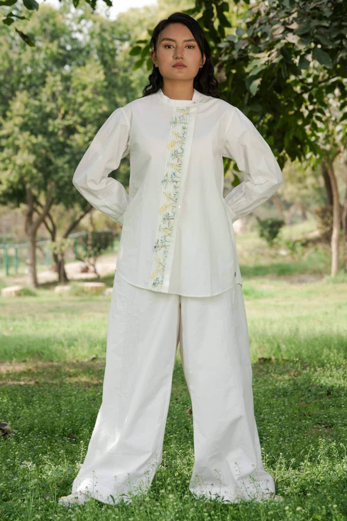 Ahmev Floral Pintuck Panel Shirt 