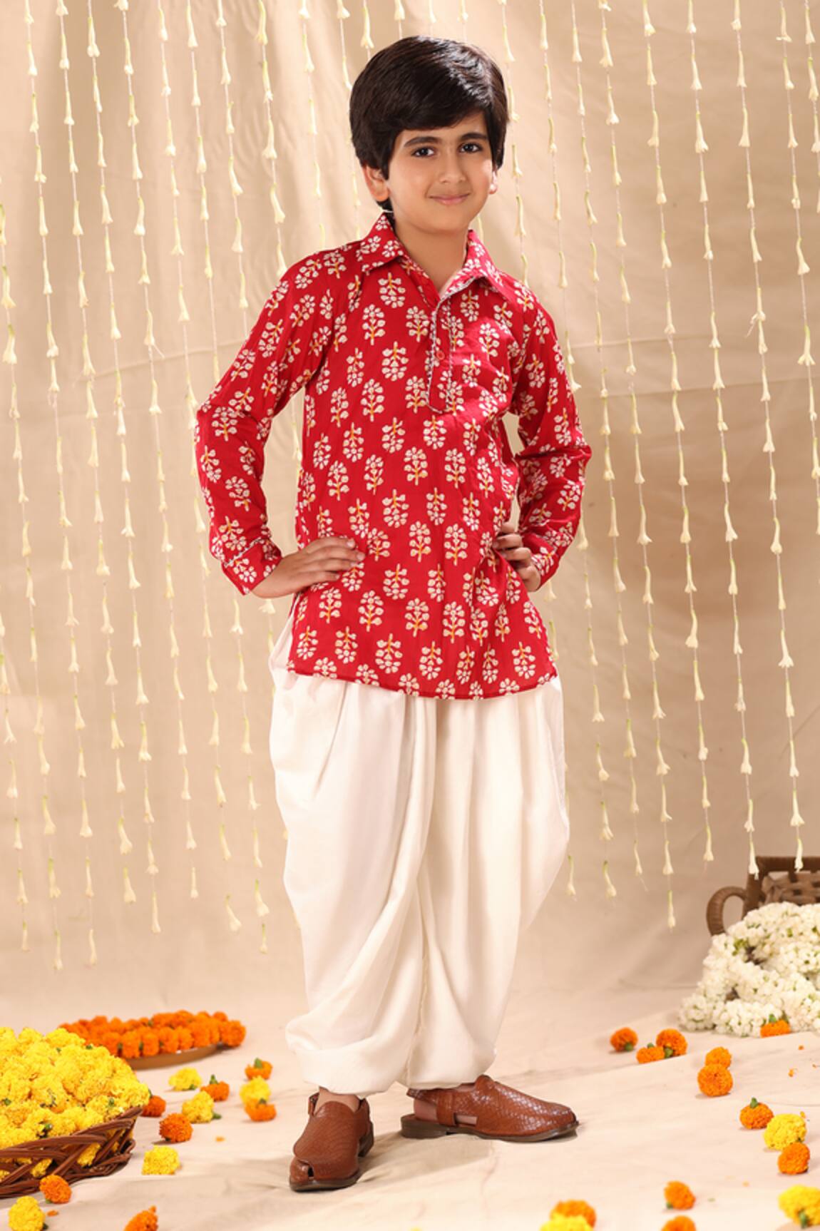 Littlecheer Flower Print Short Kurta With Dhoti Salwar