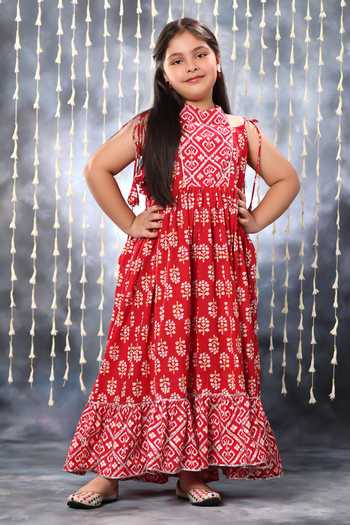 Littlecheer Jaipuri Ikat Floral Motif Print Maxi Dress 