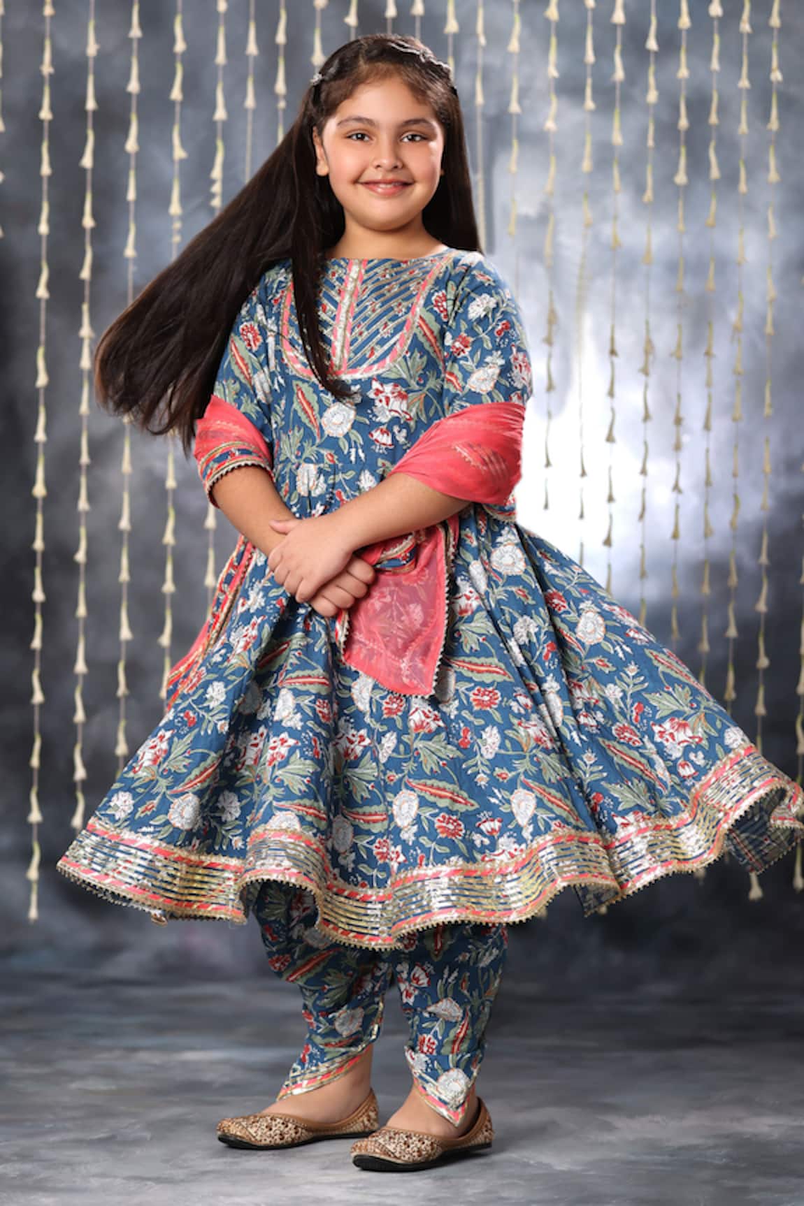 Littlecheer Jaipuri Bloom Double Print Anarkali Dhoti Pant Set