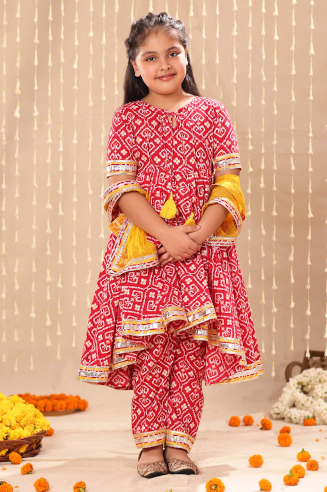 Littlecheer Jaipuri Ikat Handblock Print High Low Anarkarli Pant Set 