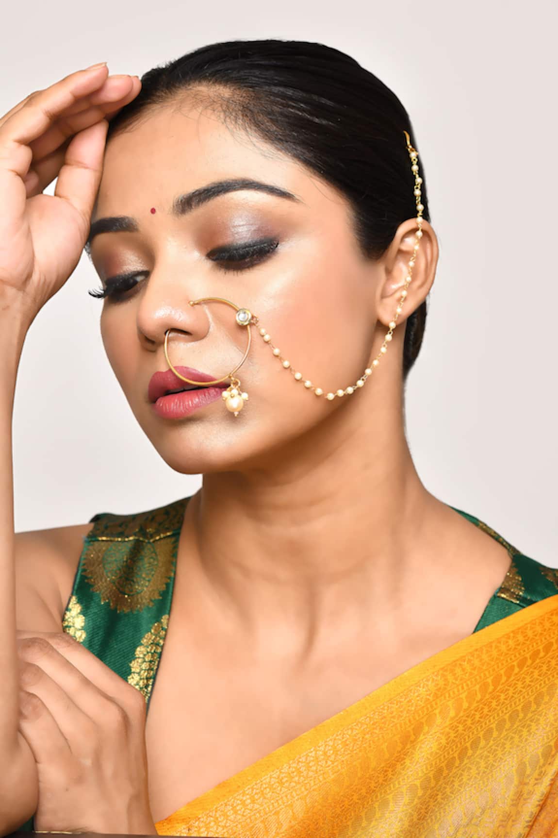 Nayaab by Aleezeh Kundan Studded Pearl Drop Nose Ring