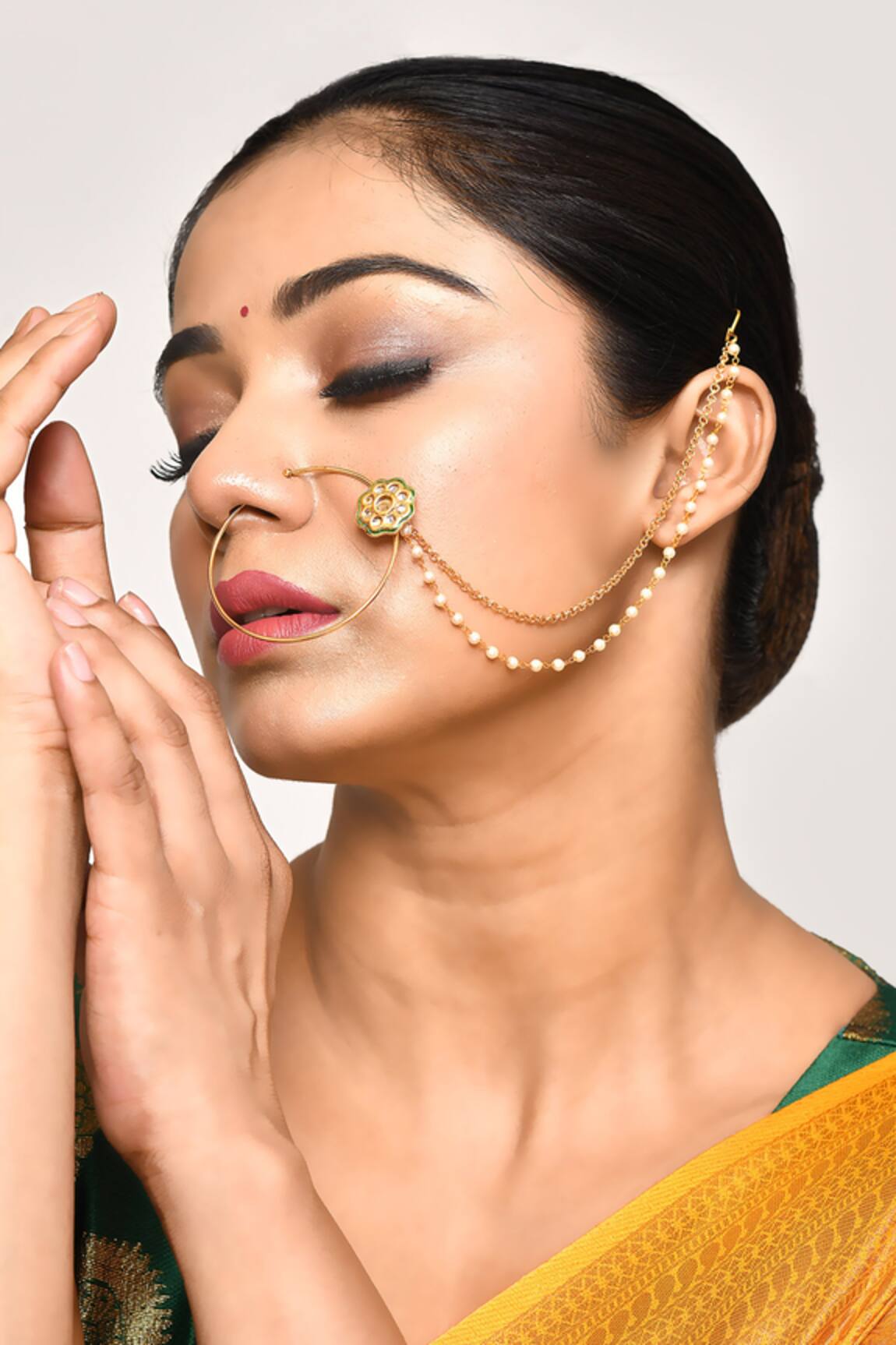 Nayaab by Aleezeh Floral Kundan Nose Pink With Chain
