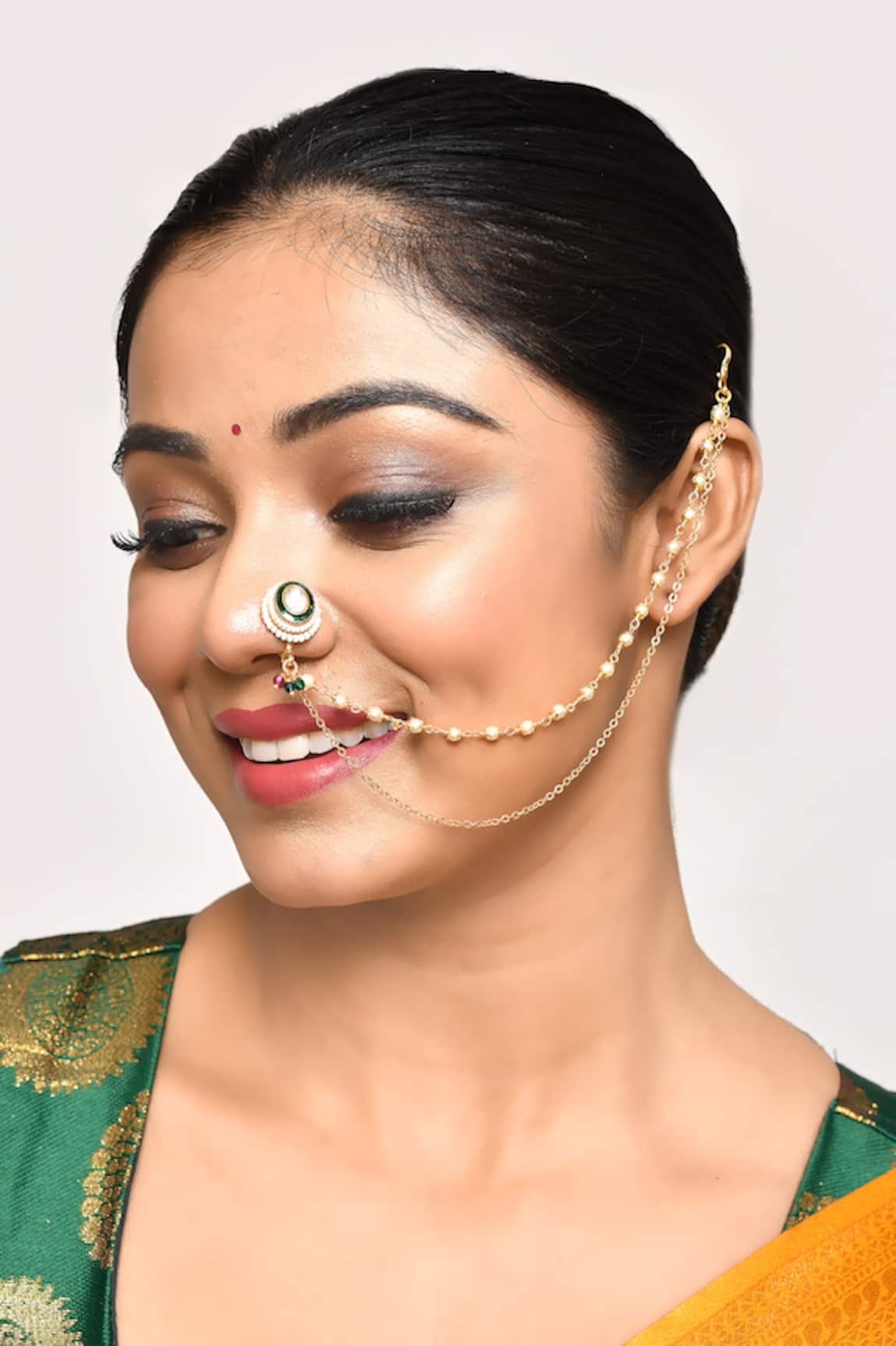 Nayaab by Aleezeh Floral Kundan Nose Pink With Chain