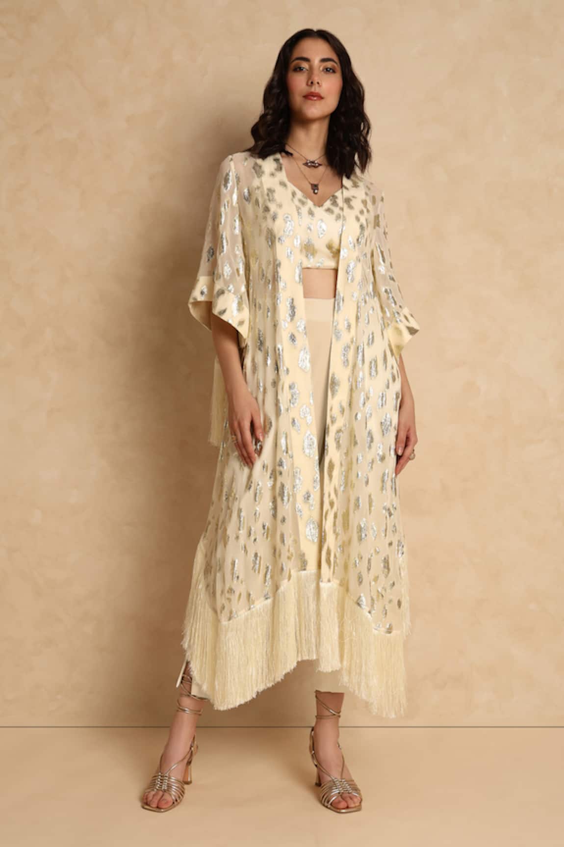 Style Junkiie Self Embroidered Fringe Duster Cape 