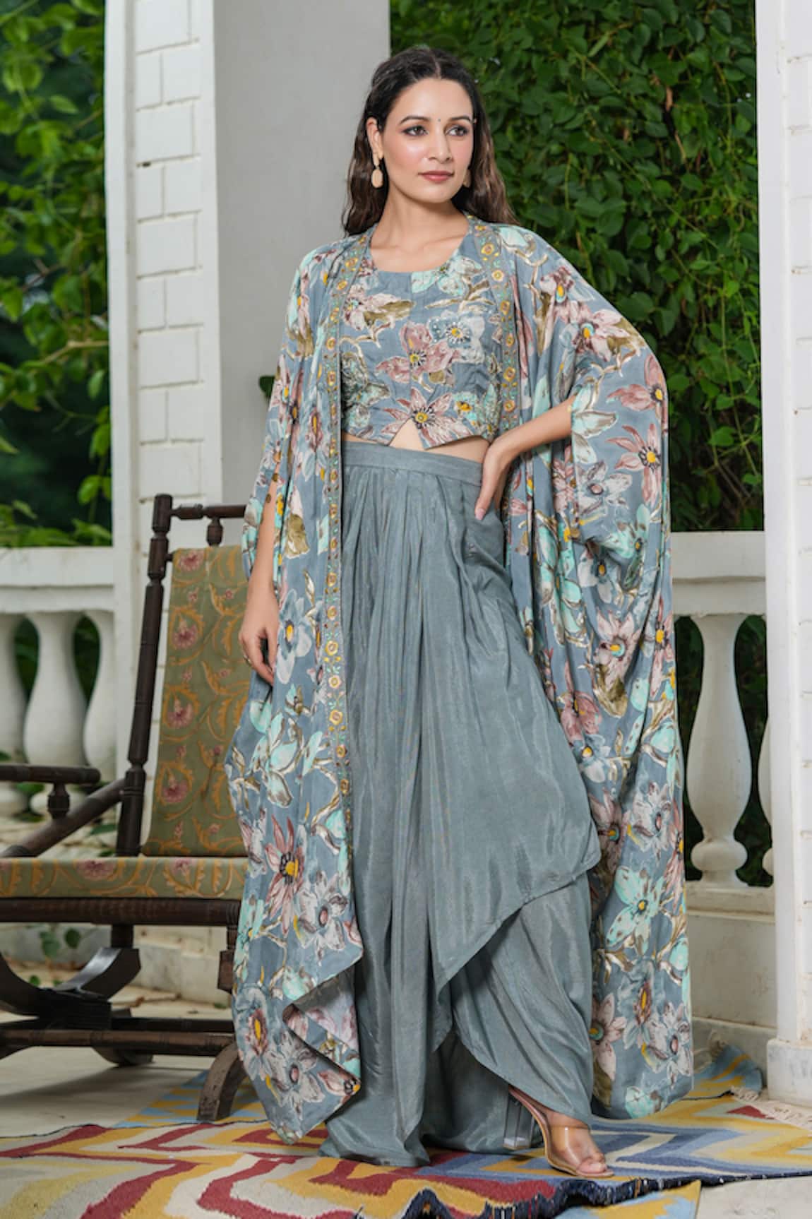 Bairaas Floral Pattern Shrug Draped Skirt Set