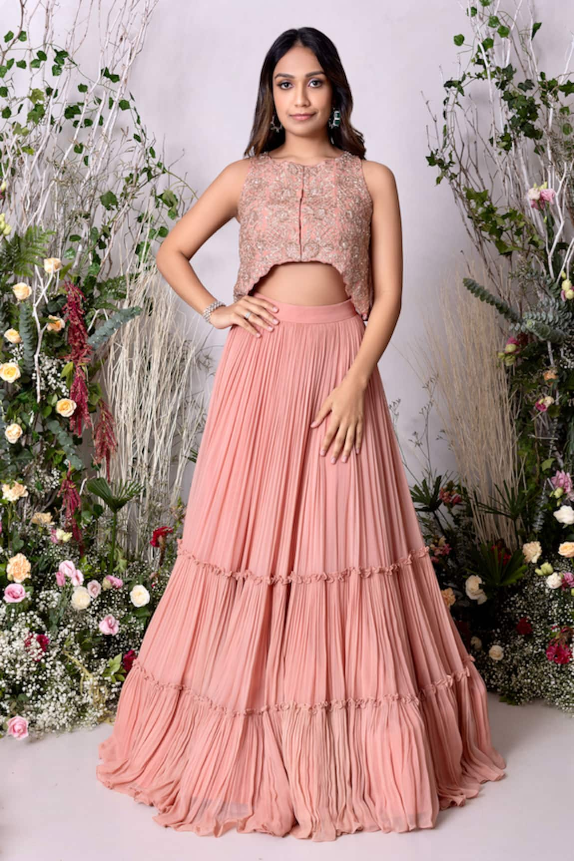 Sunita Bhandari Tiered Lehenga With Embroidered Blouse