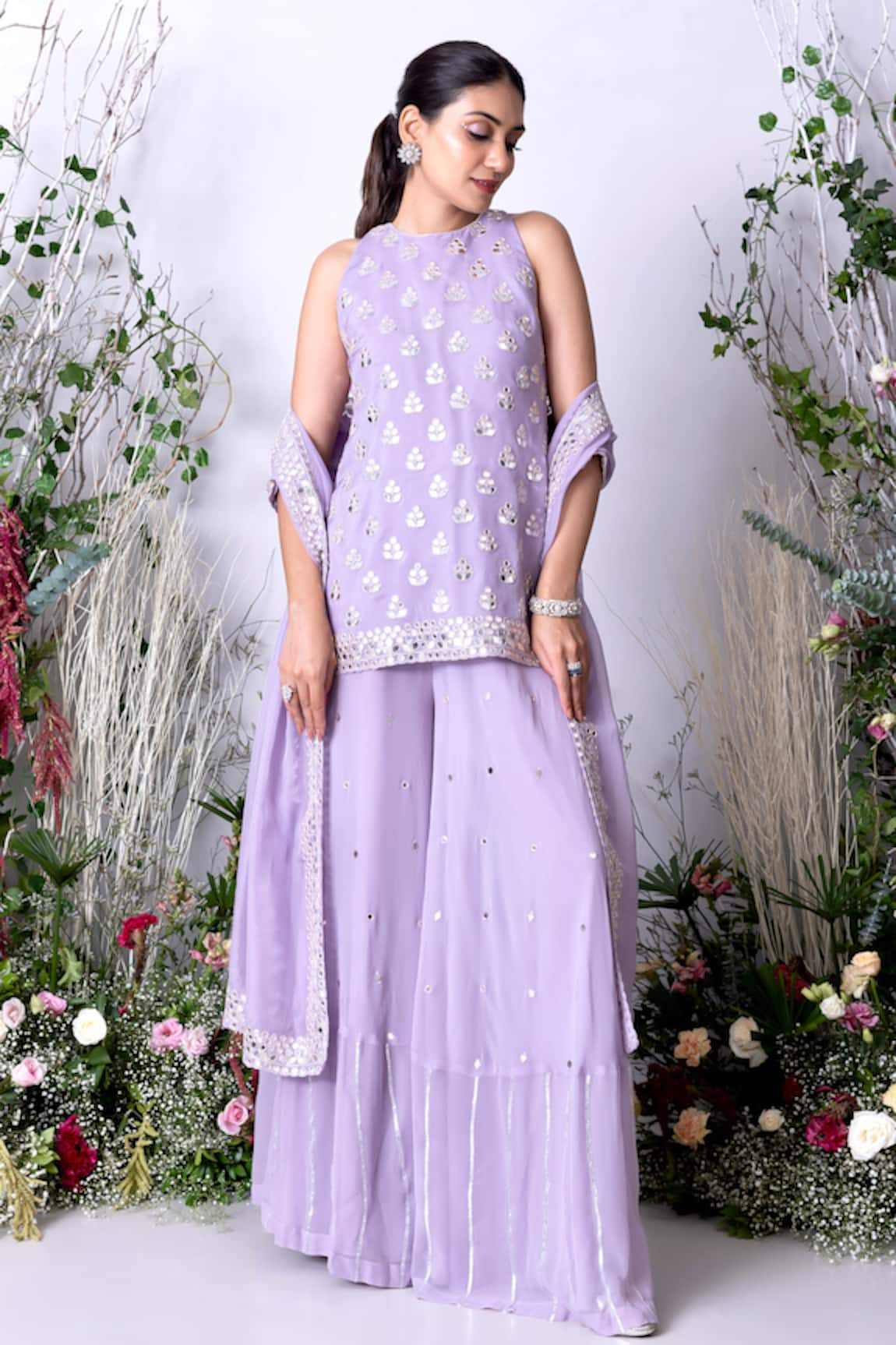 Sunita Bhandari Mirror Butti Embroidered Kurta Sharara Set