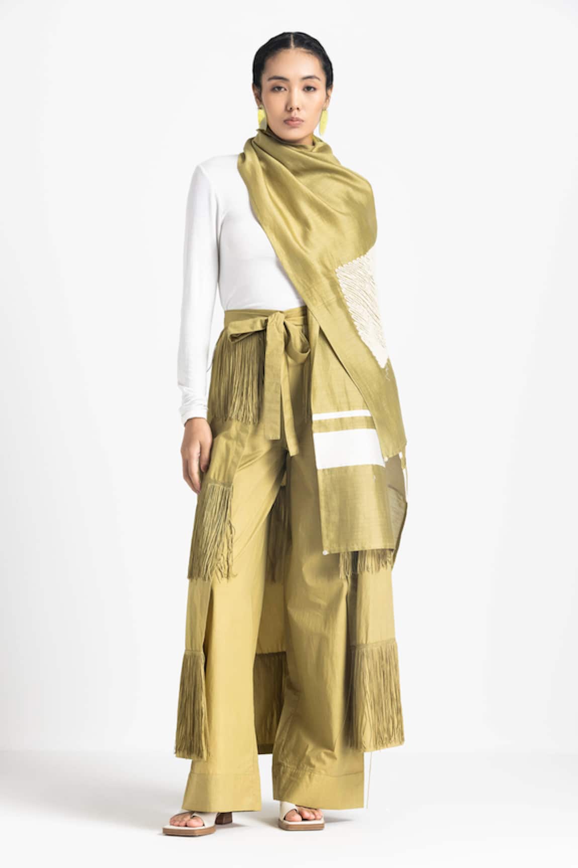 THREE Embroidered Scarf With Fringed Overlay Pant