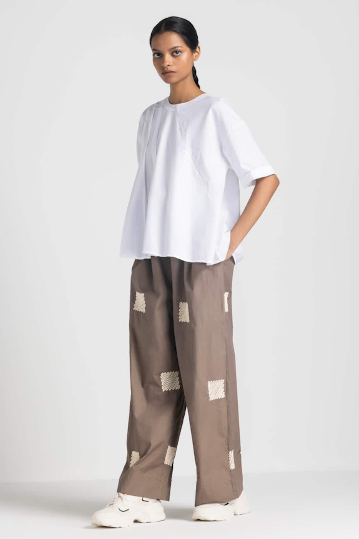 THREE Asymmetric Pleated Top & Embroidered Pant Set