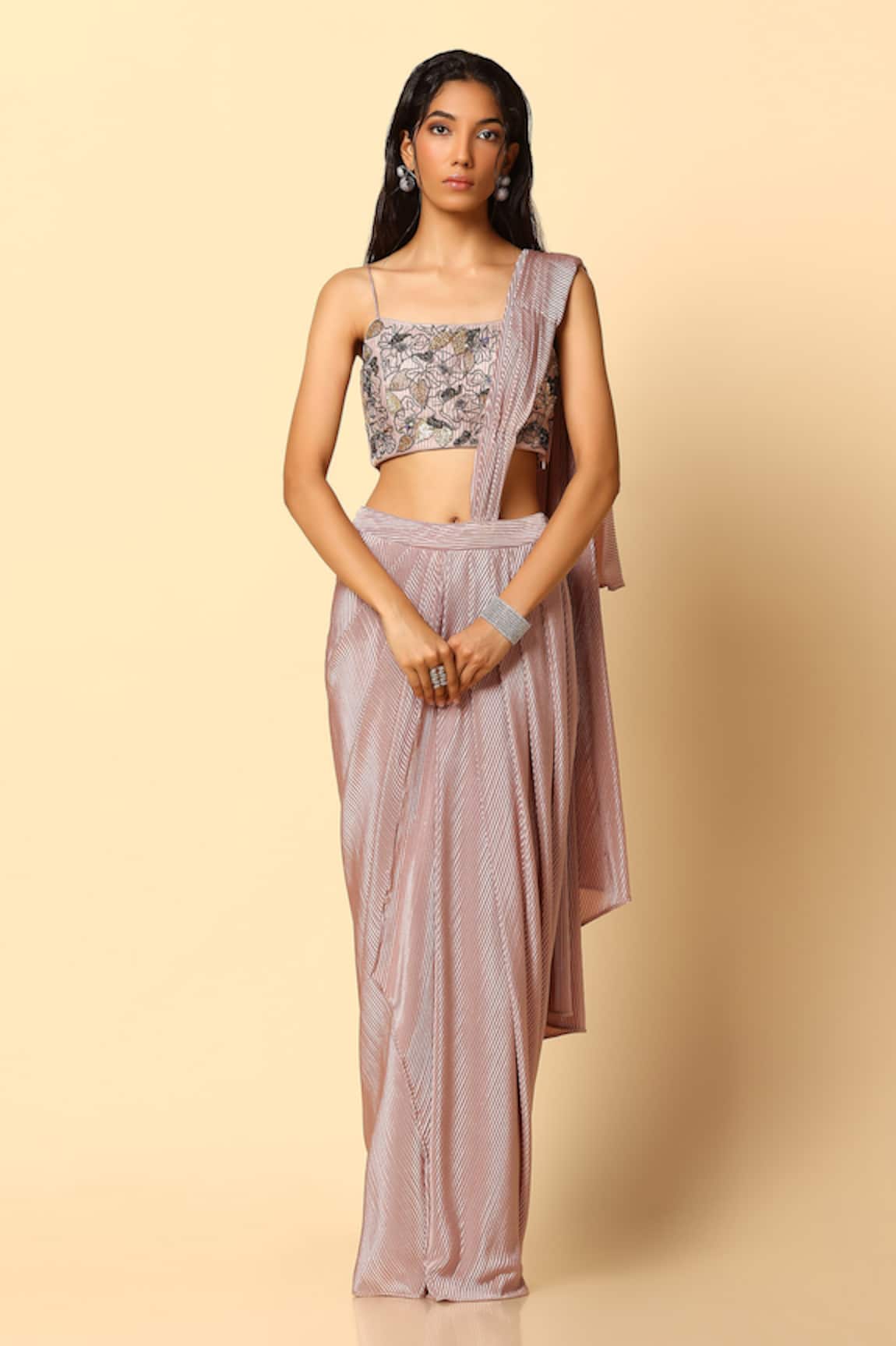 MeenaGurnam Pre-Draped Saree With Embroidered Blouse