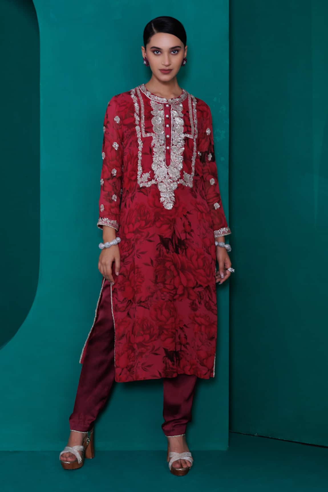 Adi By Aditya Khandelwl Embroidered Floral Print Tunic & Pant Set
