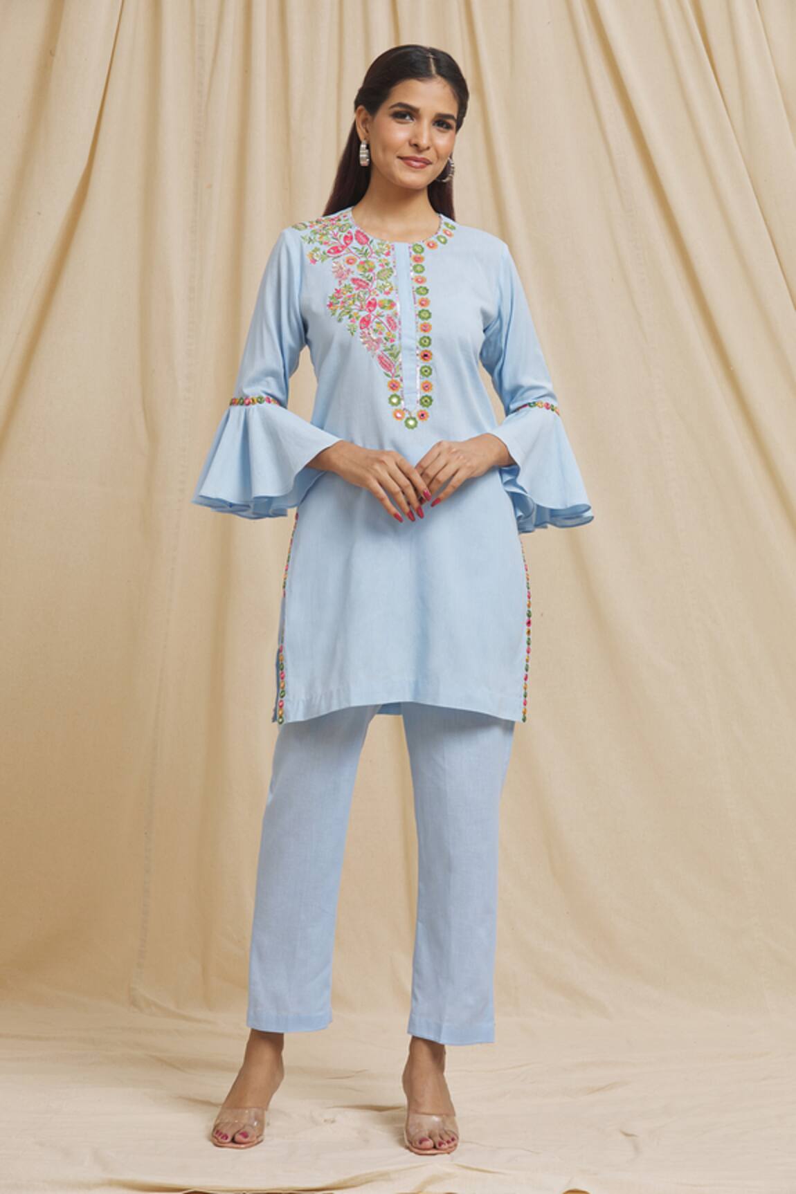 Tarini Vij Yoke Embroidered Bell Sleeve Kurta & Pant Set