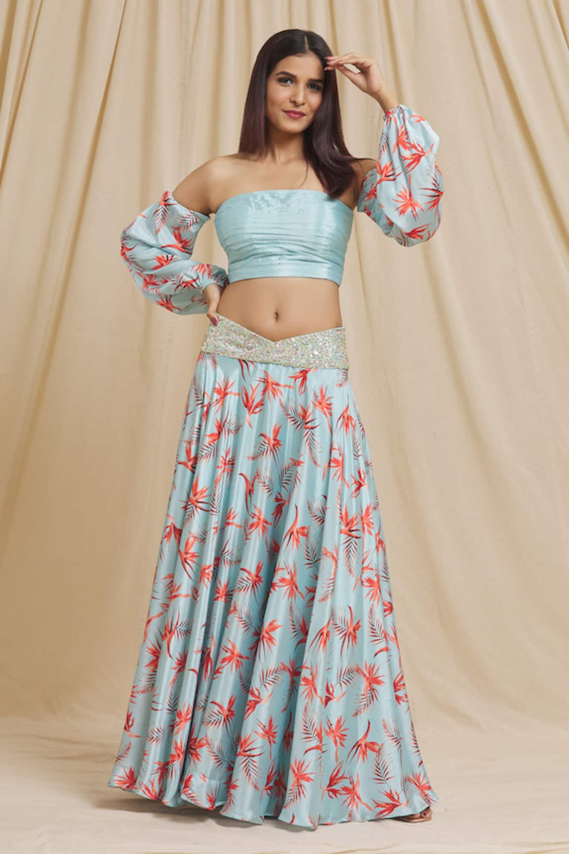 Tarini Vij Tiger Lily Print Skirt With Off Shoulder Top