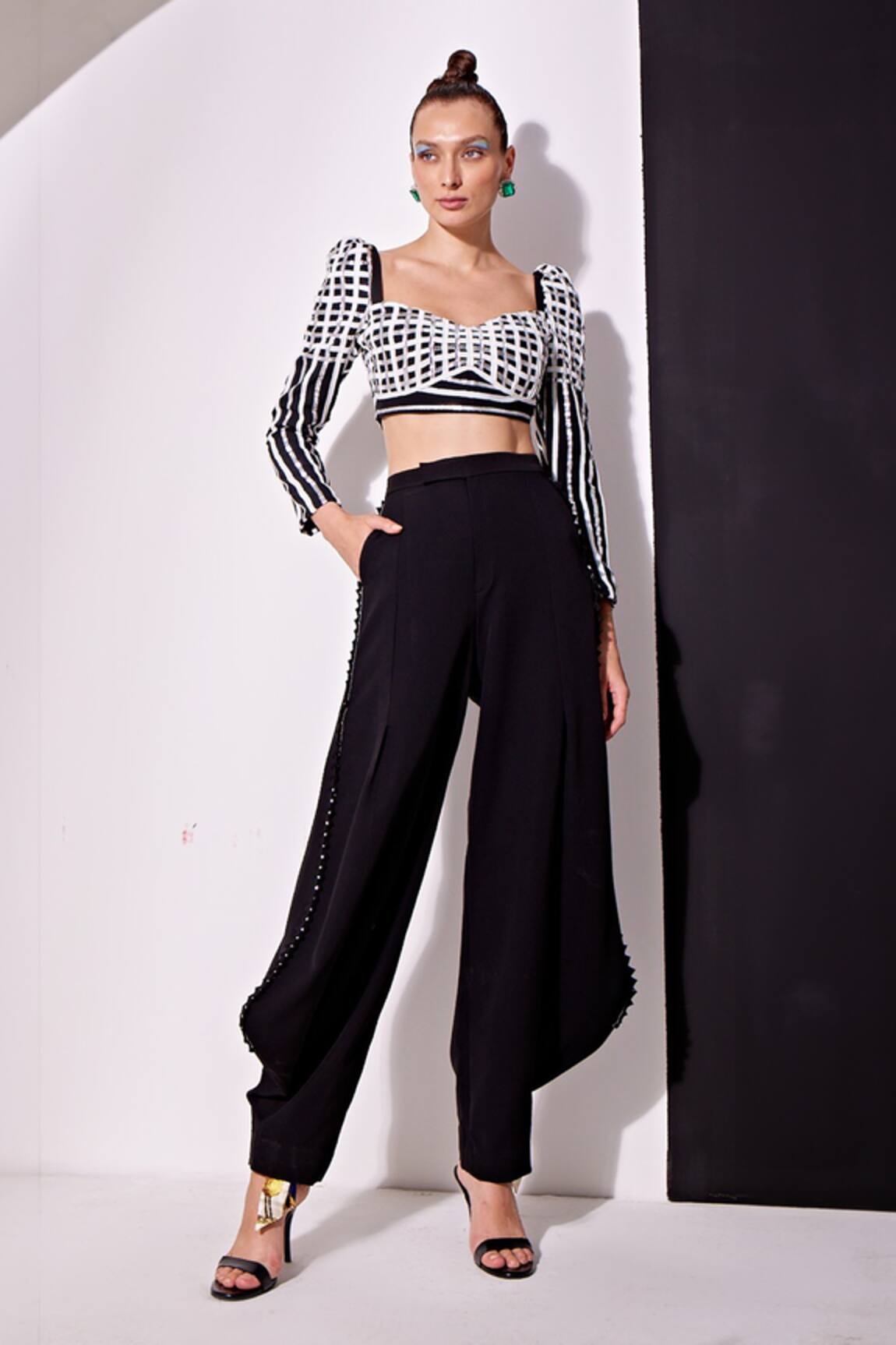 Vidhi Wadhwani JOJO Woven Metallic Laces Crop Top With Balloon Pant